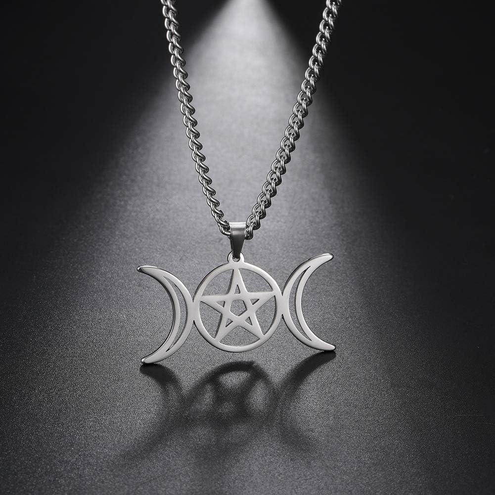 TEAMER Triple Moon Goddess Necklace Stainless Steel Amulet Wicca Hekate Wheel Necklace Pagan Jewelry for Women Men - Image 3