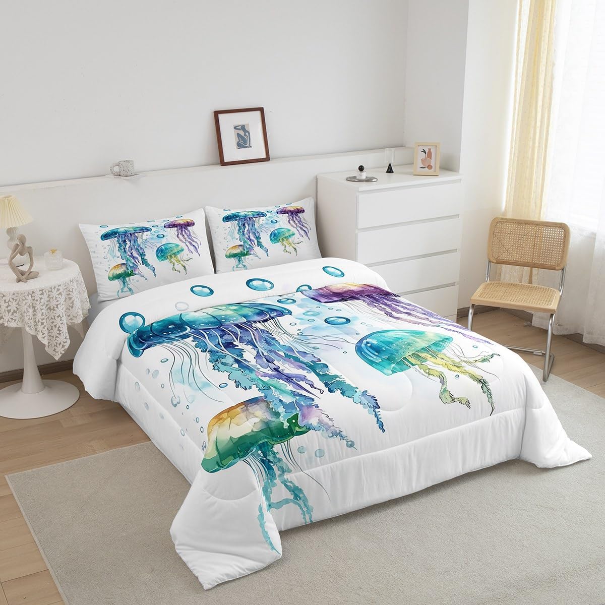 jejeloiu Jellyfish Comforter Set Queen Size Kids Ocean Animal Graffiti Bedding Set for Boys Girls Teens Sea Creature Underwater World Comforter Marine Life Sealife Duvet Set Quilt Set