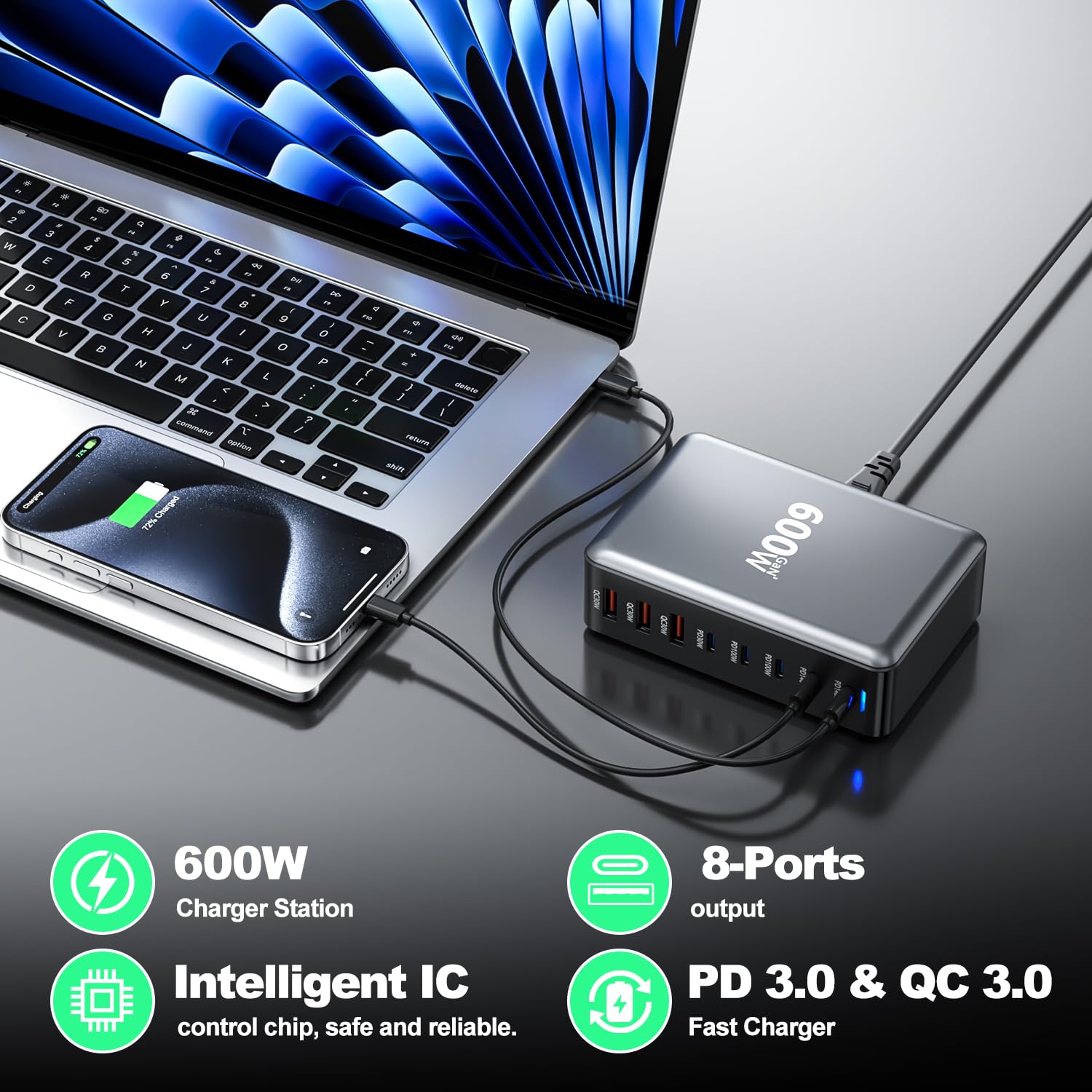 USB C Ladegerät 600W GaN,8-Port USB Netzteil Mehrere Ports Schnellladestation mit 5 USB-C + 3 USB-A Ports,PD140W Netzteil Mehrfach Ladegerät kompatibel mit Laptop/MacBook/iPhone 14/15/16/Galaxy S24
