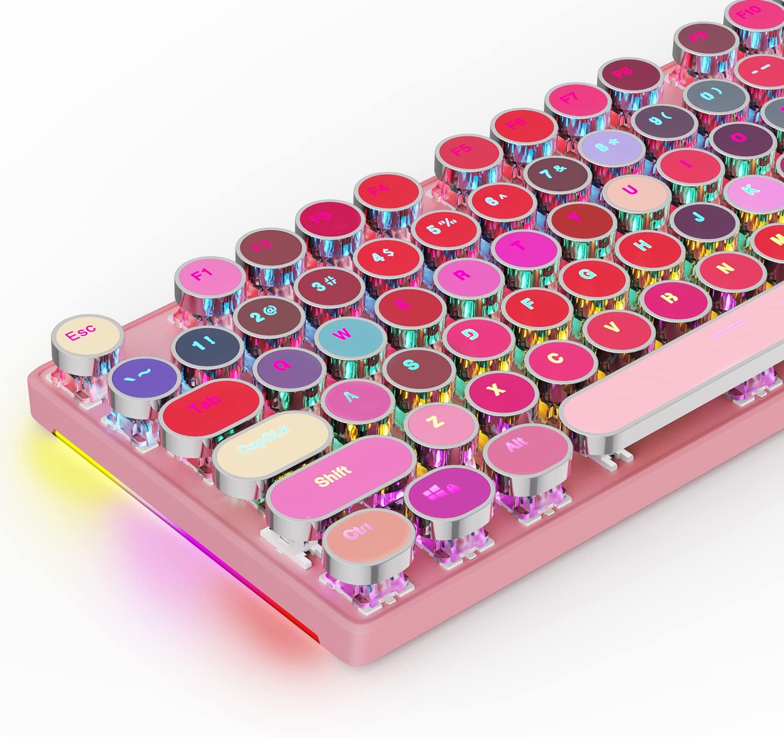 HUO JI Mechanical Gaming Keyboard Typewriter Style with RGB Side Lit and Rainbow Backlit, Retro Style, Blue Switches - Clicky, Lipstick 104 Keys for Mac, PC, Cute Pink
