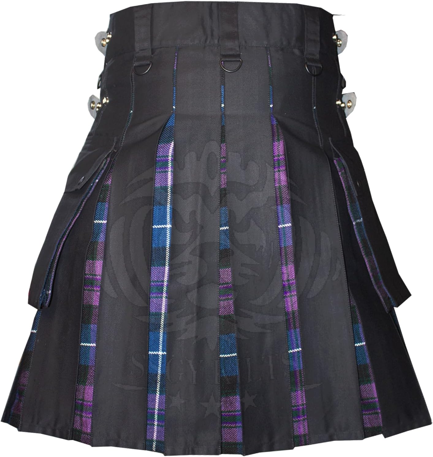 Modern Utility Kilts-Men'sScottish Hybrid Black Cotton & Acrylic Wool Tartan Utility Kilts with Leather Straps - Image 5