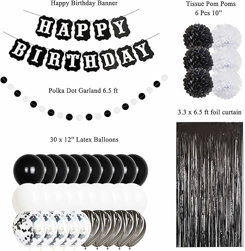 Miniatura 2 de ANSOMO Decoraciones de fiesta de feliz cumpleaños en blanco y negro, 30 piezas de globos, pancartas de aluminio con flecos, para hombres y mujeres