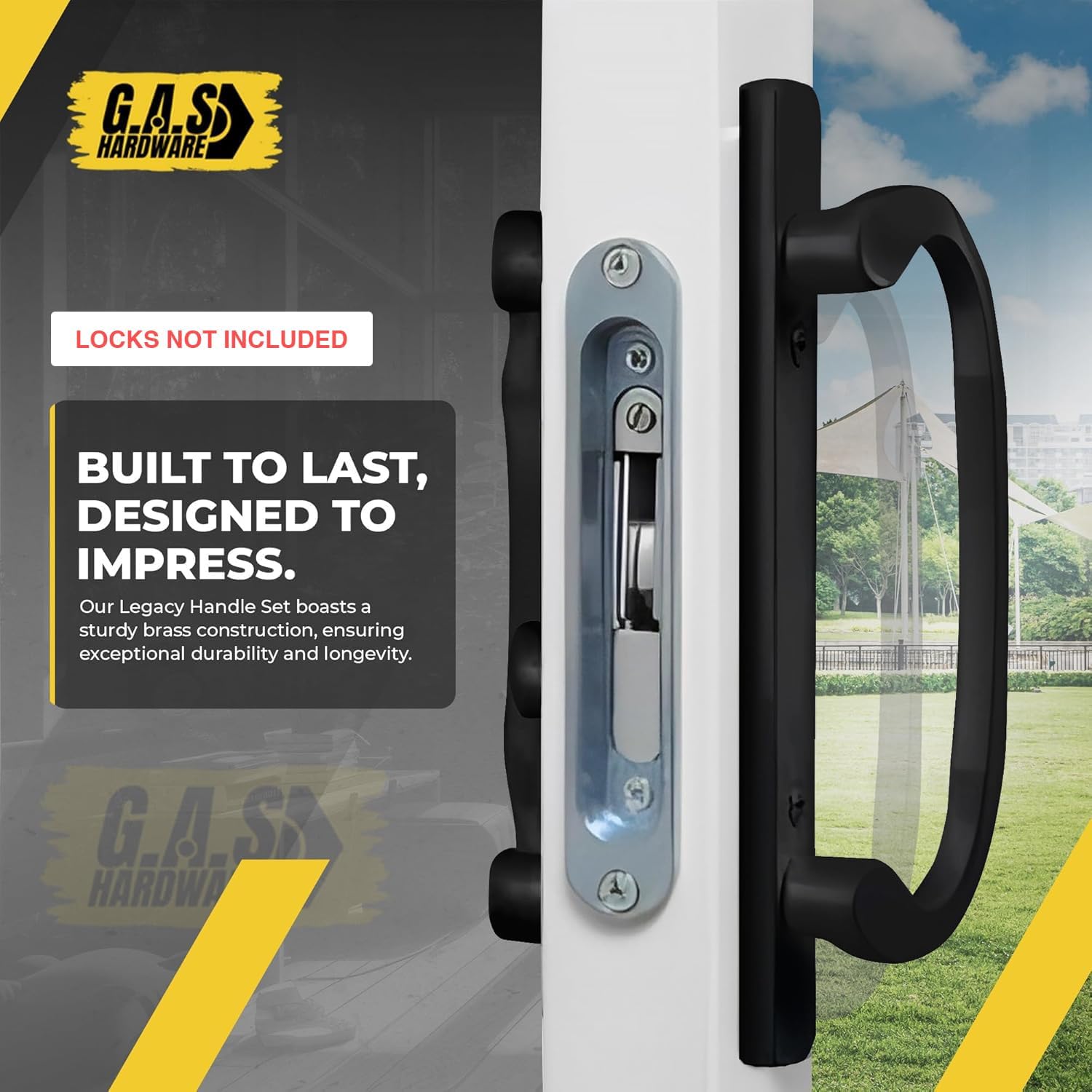 8.5" Legacy Sliding Patio Door Handle Set – Non-Keyed, Offset Latch – Black – Fits 3-15/16" Screw Hole Spacing, 1-1/4" to 2-1/4" Thick Doors – Sash Controls 2265 Handle – Mortise Lock NOT Included