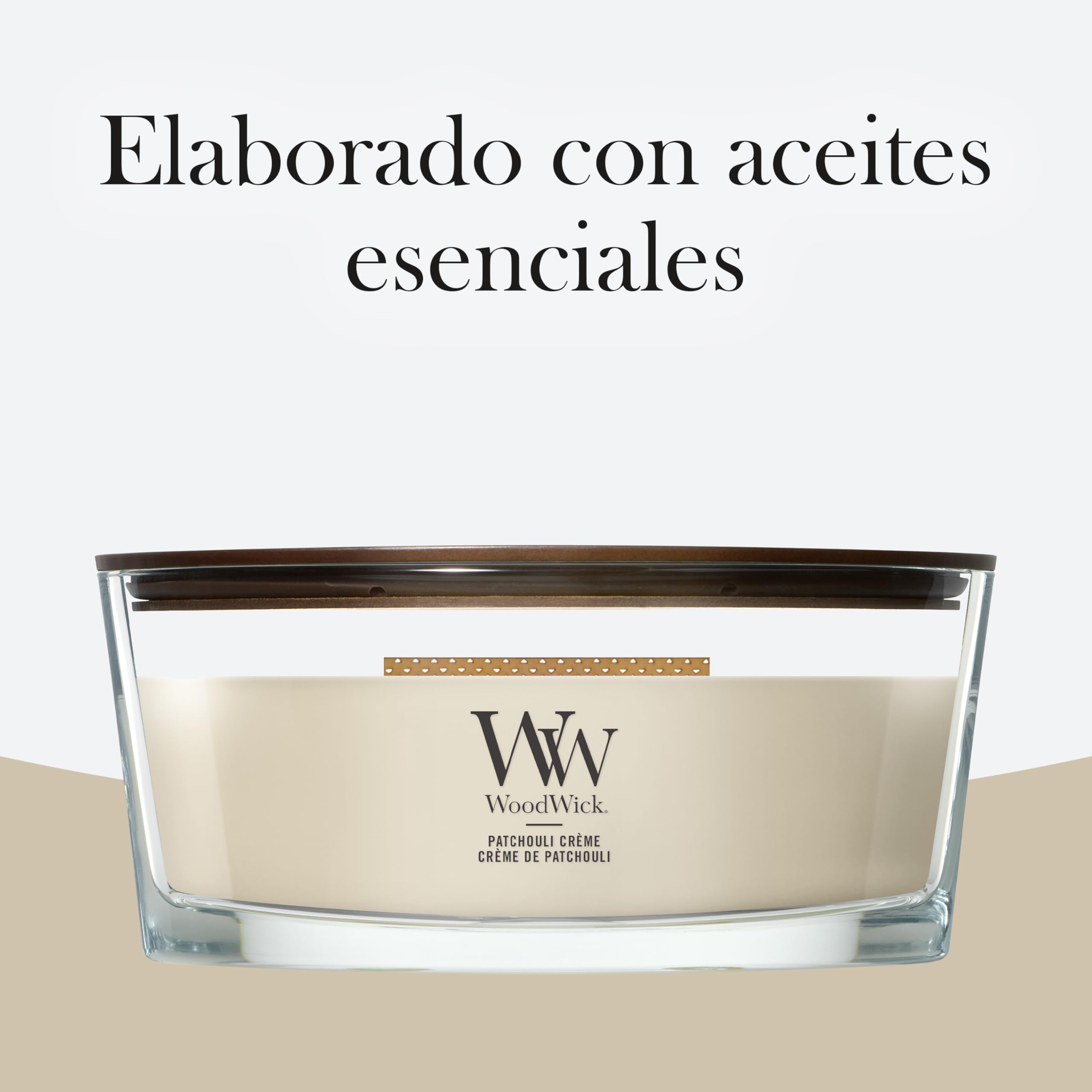 Woodwick Ellipse Vela perfumada con mecha crepitante | Patchouli Crème | Hasta 50 horas de duración | Regalos para mujeres