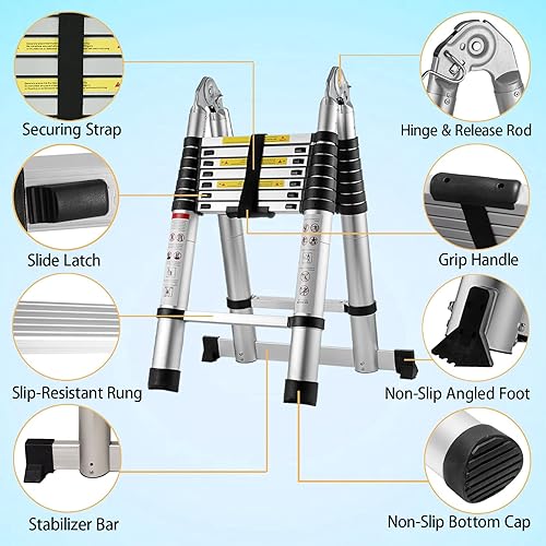 Miniatura 48 de Escalera telescópica de aluminio de 12.5 pies, escalera extensible con 2 ganchos desmontables, diseño de bloqueo de seguridad portátil y ligero