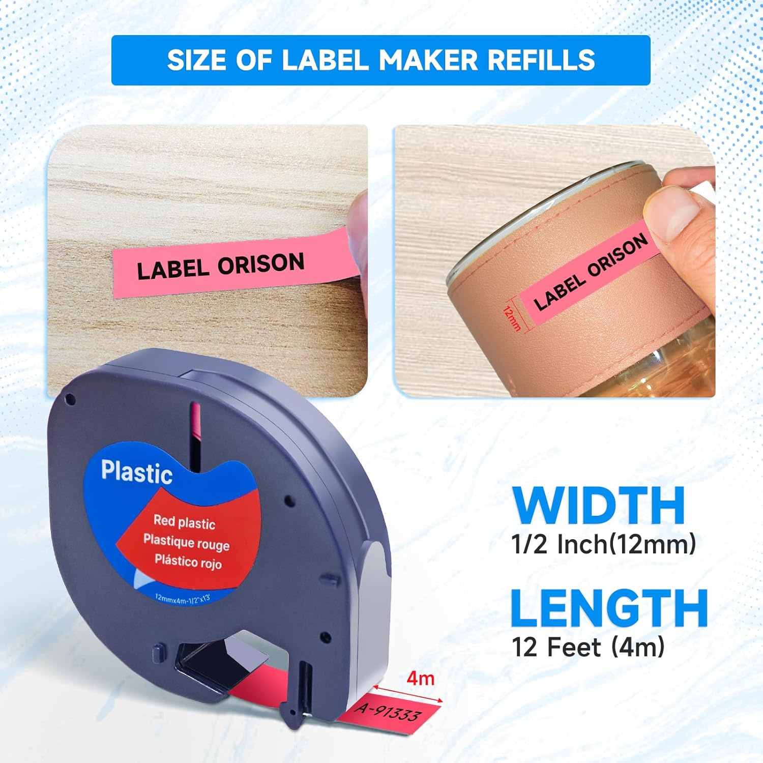 Label Orison Compatible with Dymo LetraTag Refills Red 91333 12mm Plastic Label Tape for Dymo Label Maker Refills Letra Tag LT100H LT100T 200B QX50, Black on Red,1/2 Inch X13Feet(12mmx4m),5Pack - Image 7