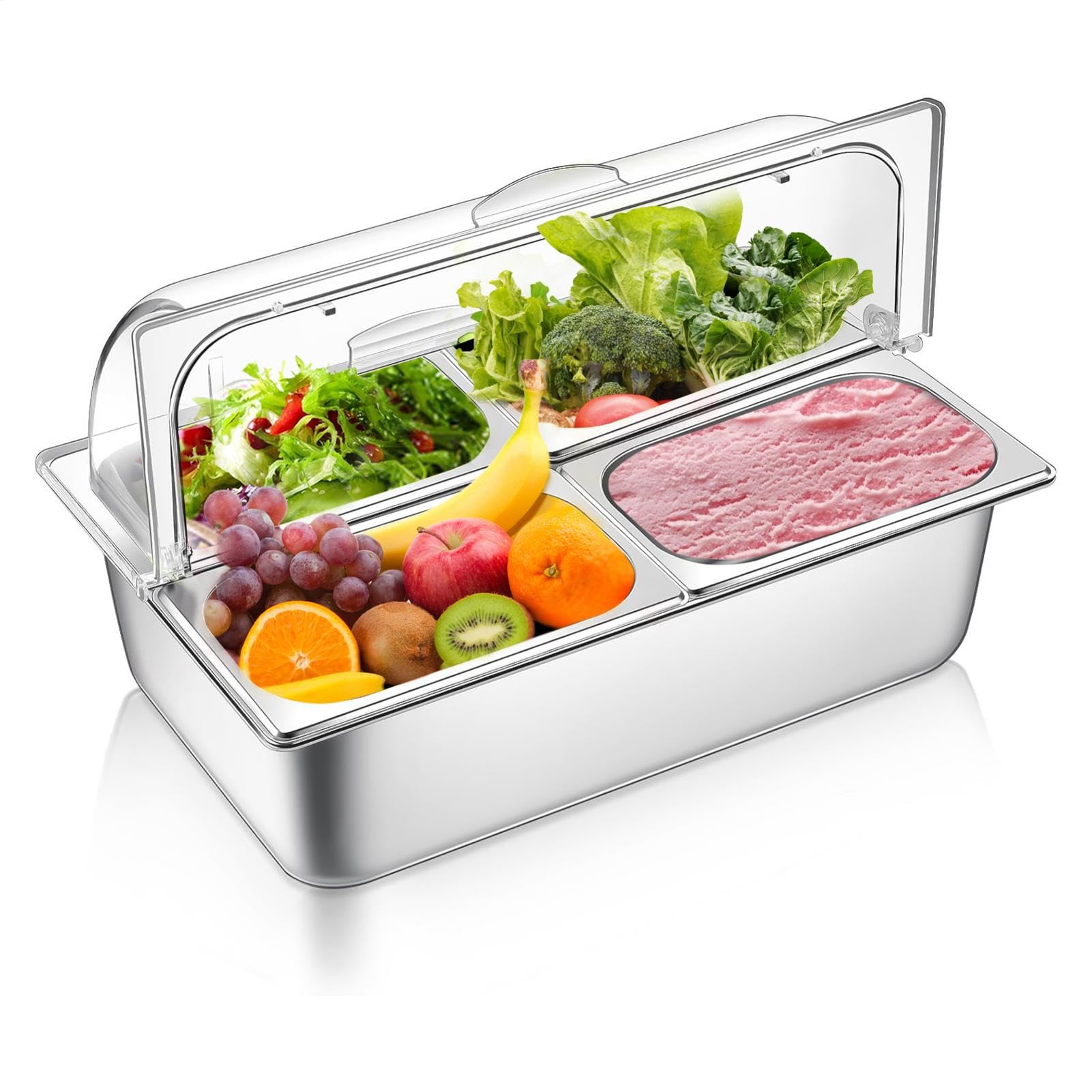 Bandeja de condimentos con Tapa, Bandeja de Servicio refrigerada con Tapa | Bandeja de servicio refrigerada de 4 cacerolas,Bandeja de frutas de acero inoxidable con tapa, bandeja de condimentos