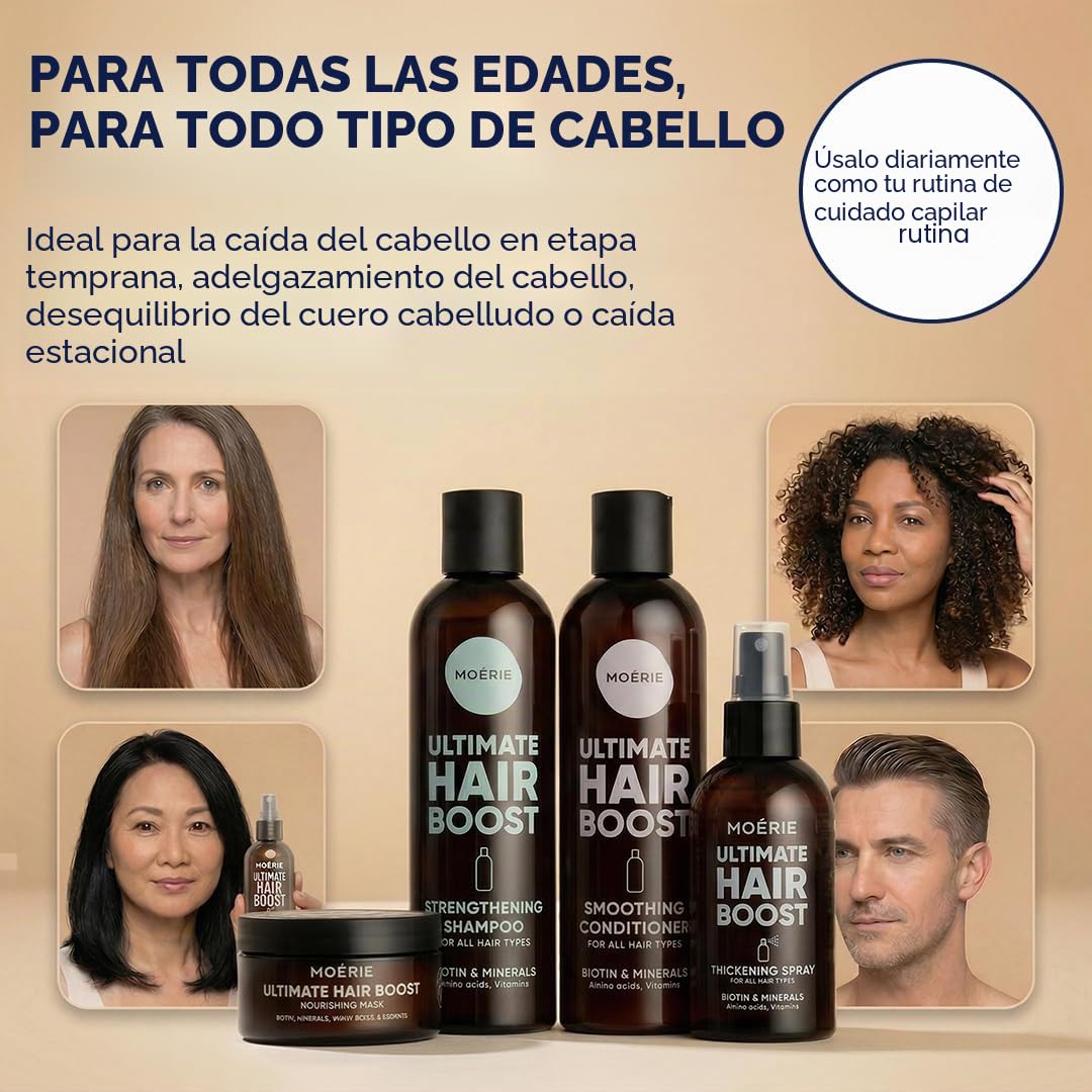 Moerie Set champu de cabello crecimiento y acondicionador pelo Plus mascarilla pelo y Spray – Cabello Más Largo, Más Fuerte –Voluminizadores para el Cabello – Sin Parabenos ni Silicona – 8 productos
