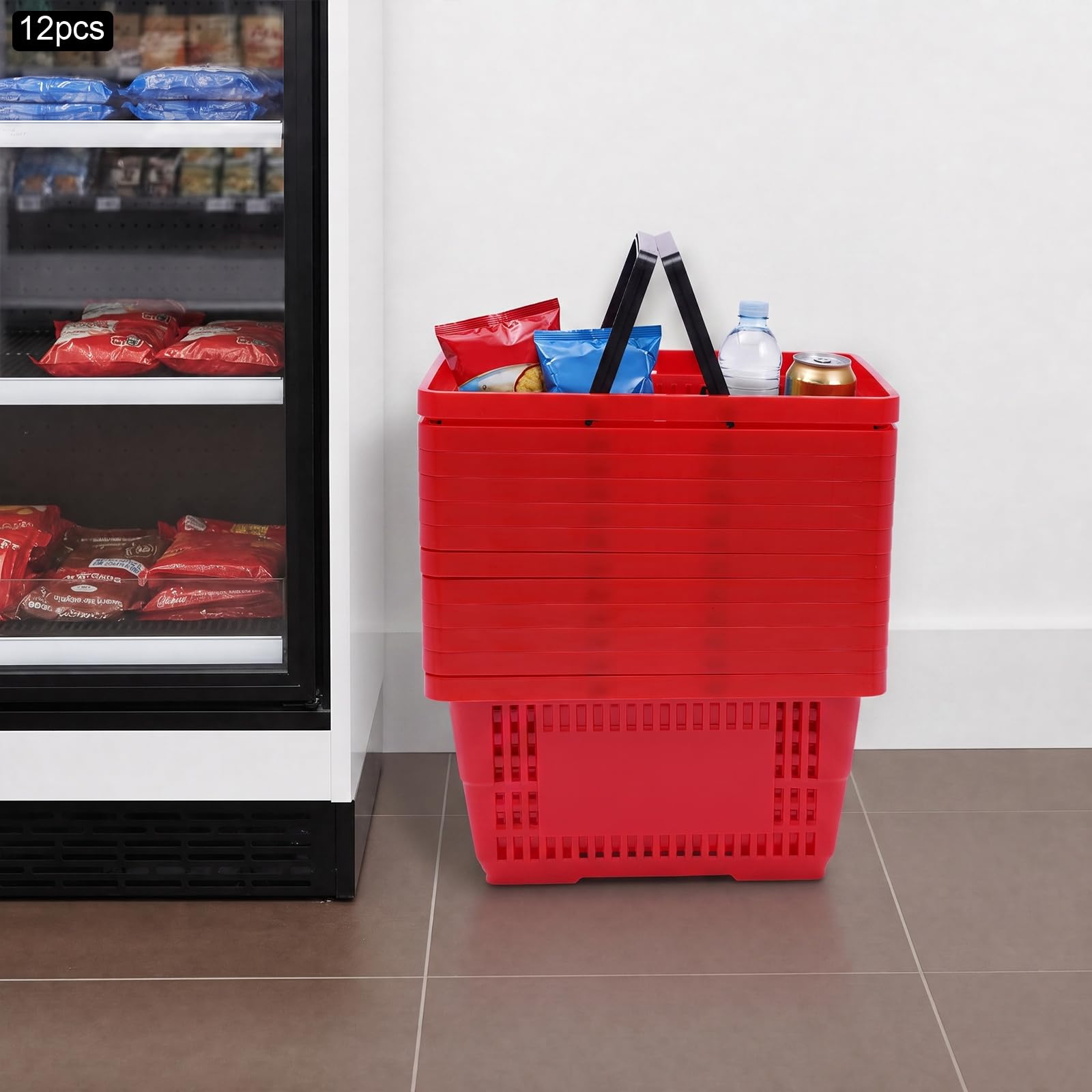 12 Stück Einkaufskorb aus Kunststoff 18L Stapelbar für Supermarkt Rot | offene Gitterstruktur, Klappbarer Griff, 43 × 30 × 23 cm