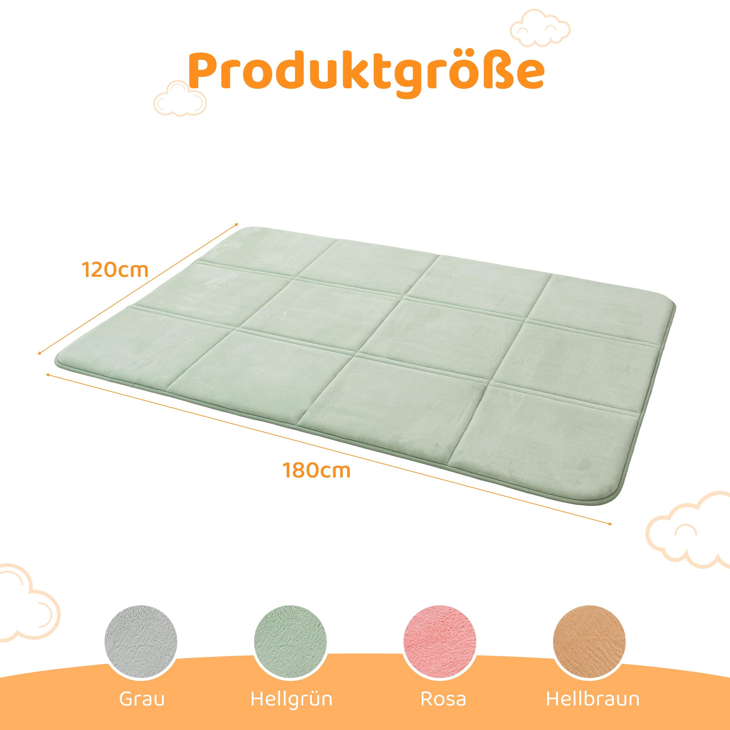 BYBYME 3cm Dicke Faltbare Krabbelmatte Baby, 120x180cm Spielmatte mit Rutschfester Unterseite, Weiche Bodenmatte aus Memory-Schaum für Babys, Kinder & Kleinkinder, Ideal für Wohnzimmer & Yoga, Grün