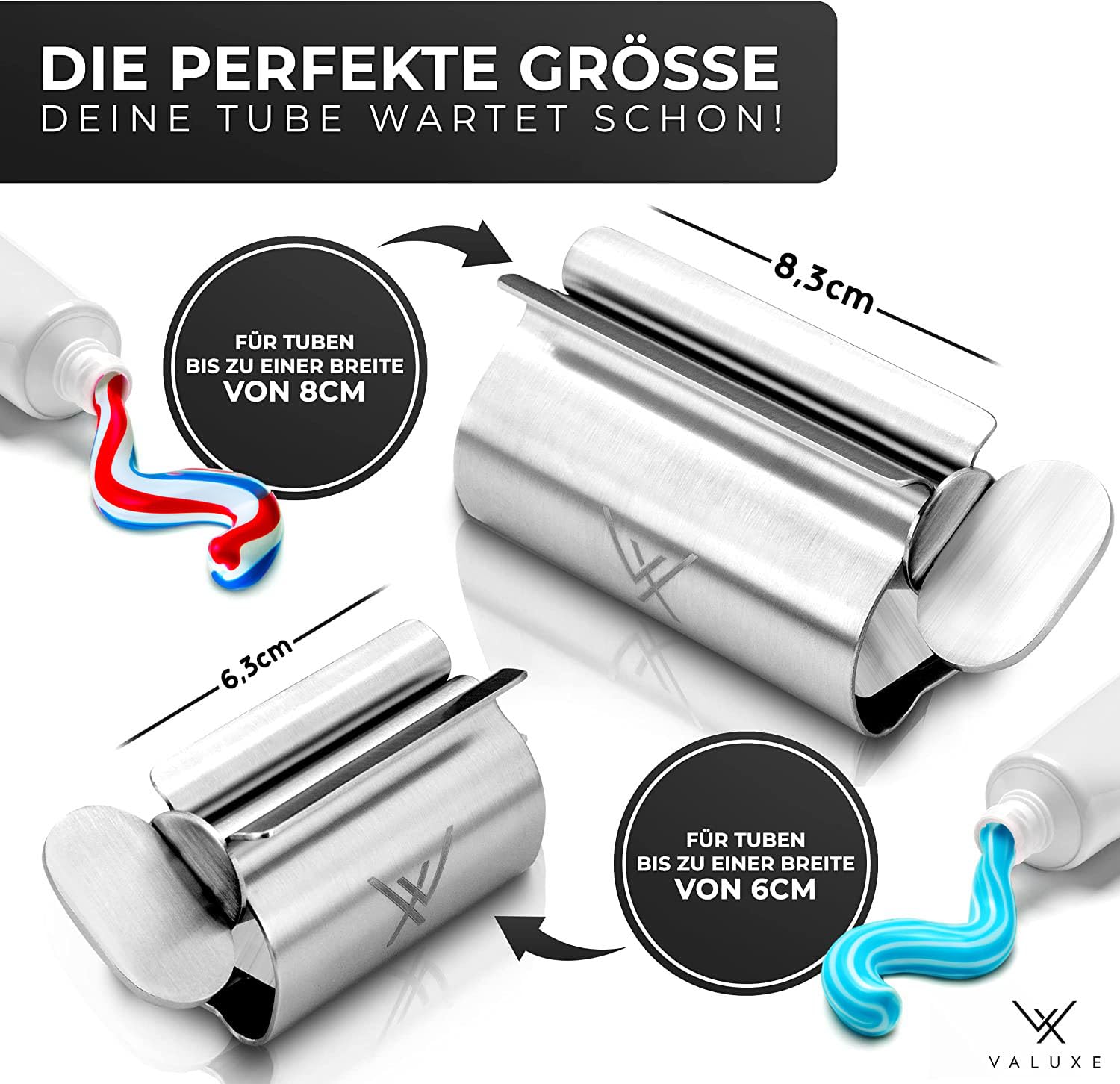 VALUXE® Wyciskarka do tubek premium [2 x mały] – wyciskacz pasty do zębów ze stali nierdzewnej – efektywna prasa do tubek – w zestawie szlufka do zawieszania – wyciśnięcia bez resztek