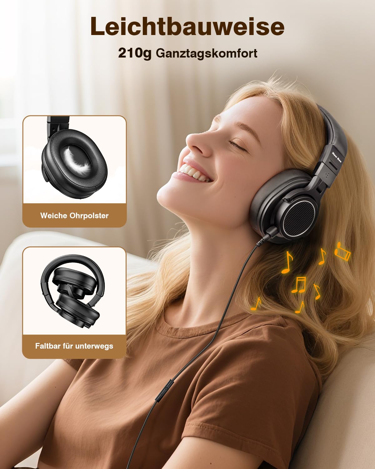 New Bee Studio Kopfhörer, 50mm Treiber Over Ear Kopfhörer mit Kabel, 6,35 & 3,5mm Klinke Kabelkopfhörer für Studio, DJ, Podcast, Monitor