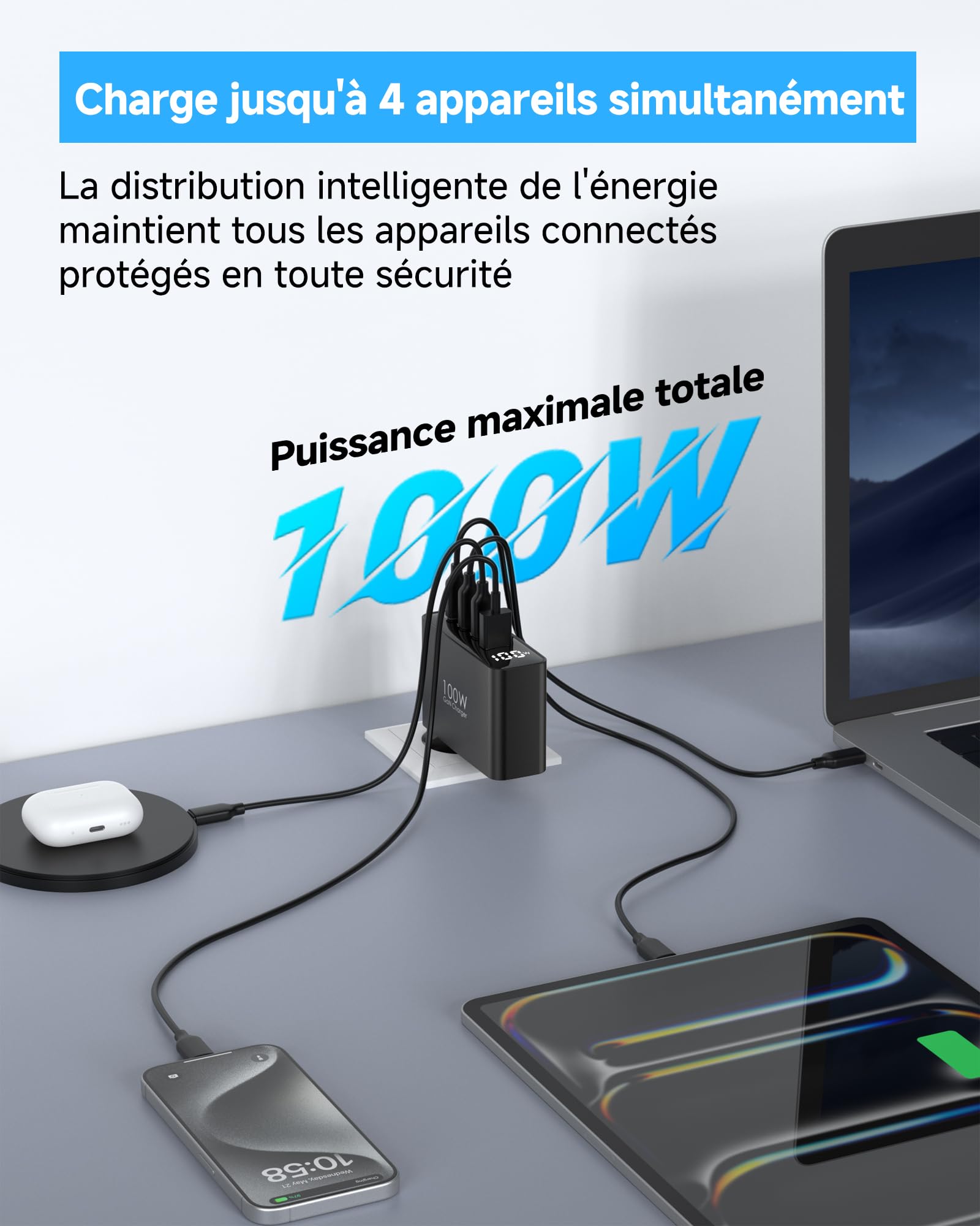 Chargeur USB C 100W GaN 4 Ports Rapide Multiport Noir Compatible iPhone 16 15 Pro Max MacBook Air Pro iPad Air Galaxy S25 S24
