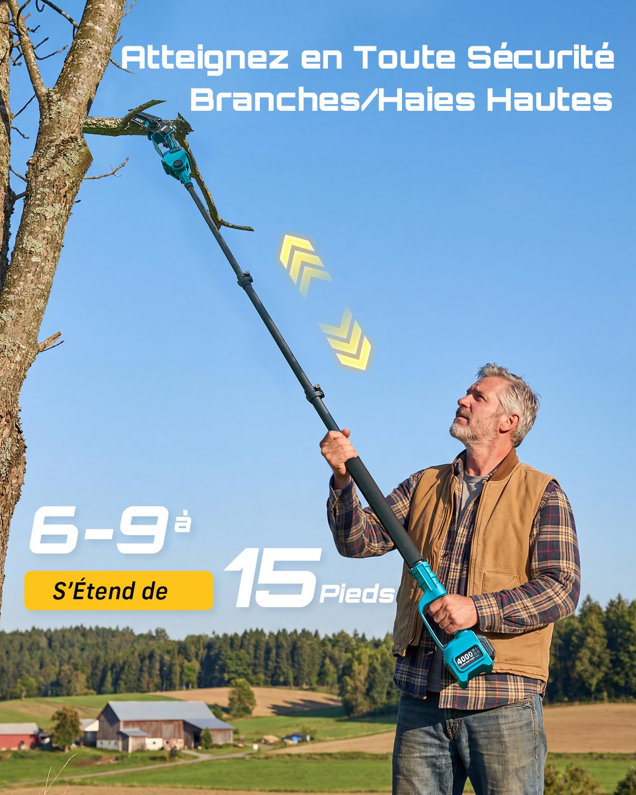 SEESII 6-en-1 Mini Tronçonneuse & Taille-haie, avec 2 * 4000mAh Batteries, Tronconneuse Electrique à Perche Télescopique, Portée Maximale Jusqu'à 4,57m, à 30 ML Bouteille d'huile