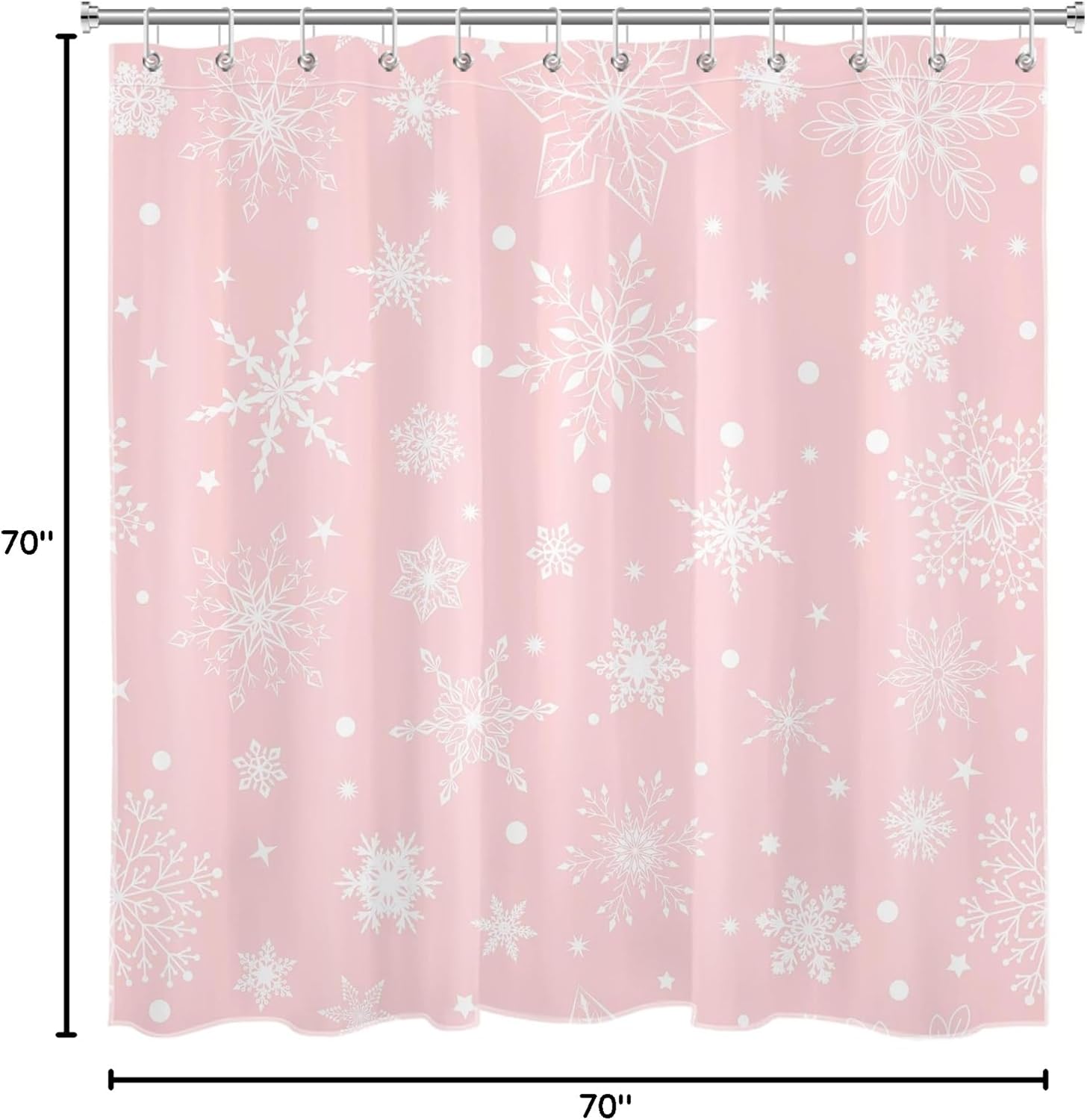 LB Pink Christmas Shower Curtain Sets with Rugs Winter Snowflake on Pink and White Fabric Shower Curtain with Hooks New Year Holiday Bathroom Curtains Shower Set, 70x70 inches