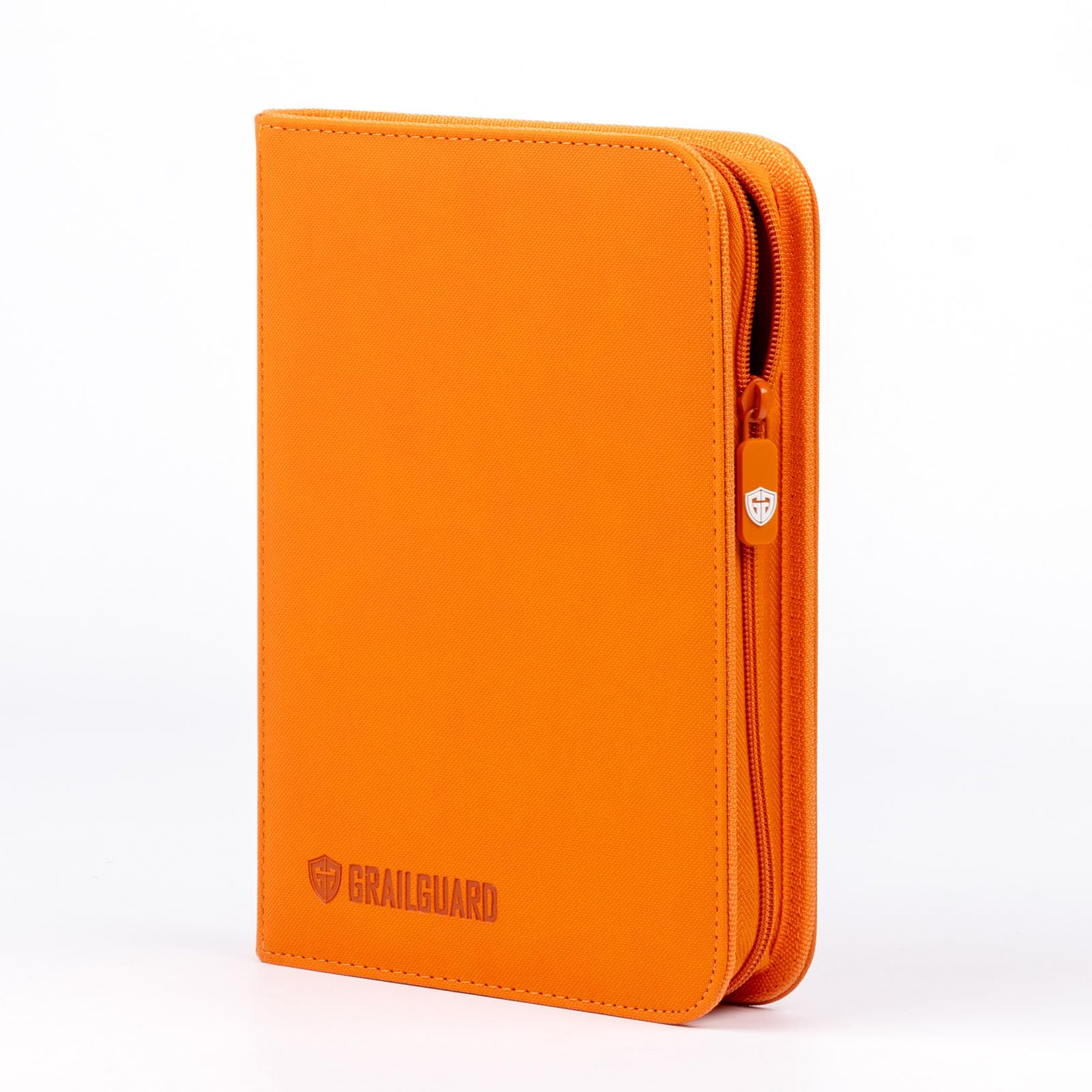 Grail Guard 4 Pocket Premium ZIP Trading Card Binder – High Capacity 160-Card Album, Acid-Free PU Faux Leather, Zip Closure (Orange)