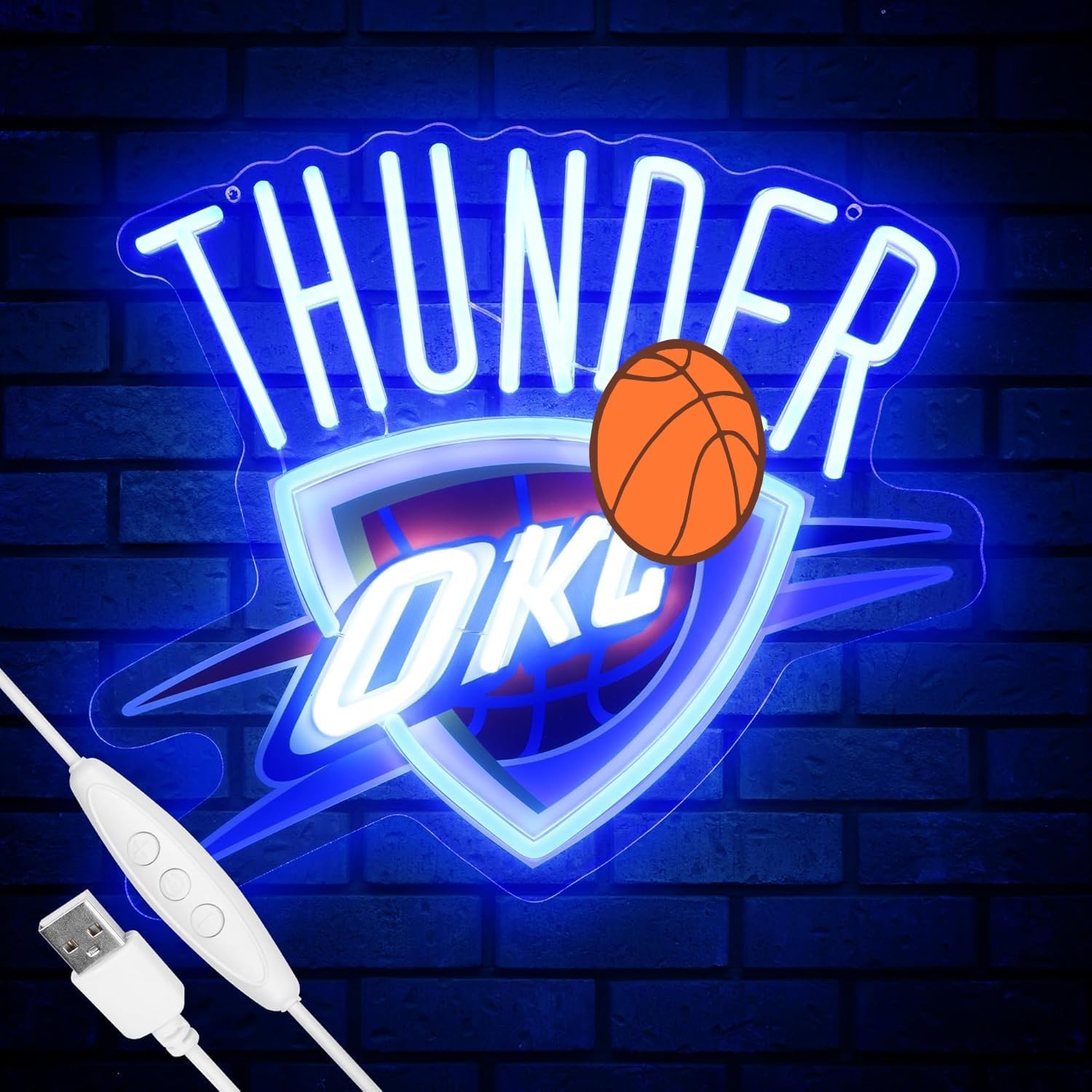 Basketball Team Neon Sign, Sport Light Up Dimmable OKC City Basketball Team Logo Hanging USB Powered Led Neon Sign for Wall Decor, Bedroom, Man Cave, Party, Birthday Party Christmas Merch Deco Gift for OKC Boys Teens Fans (Thanders)