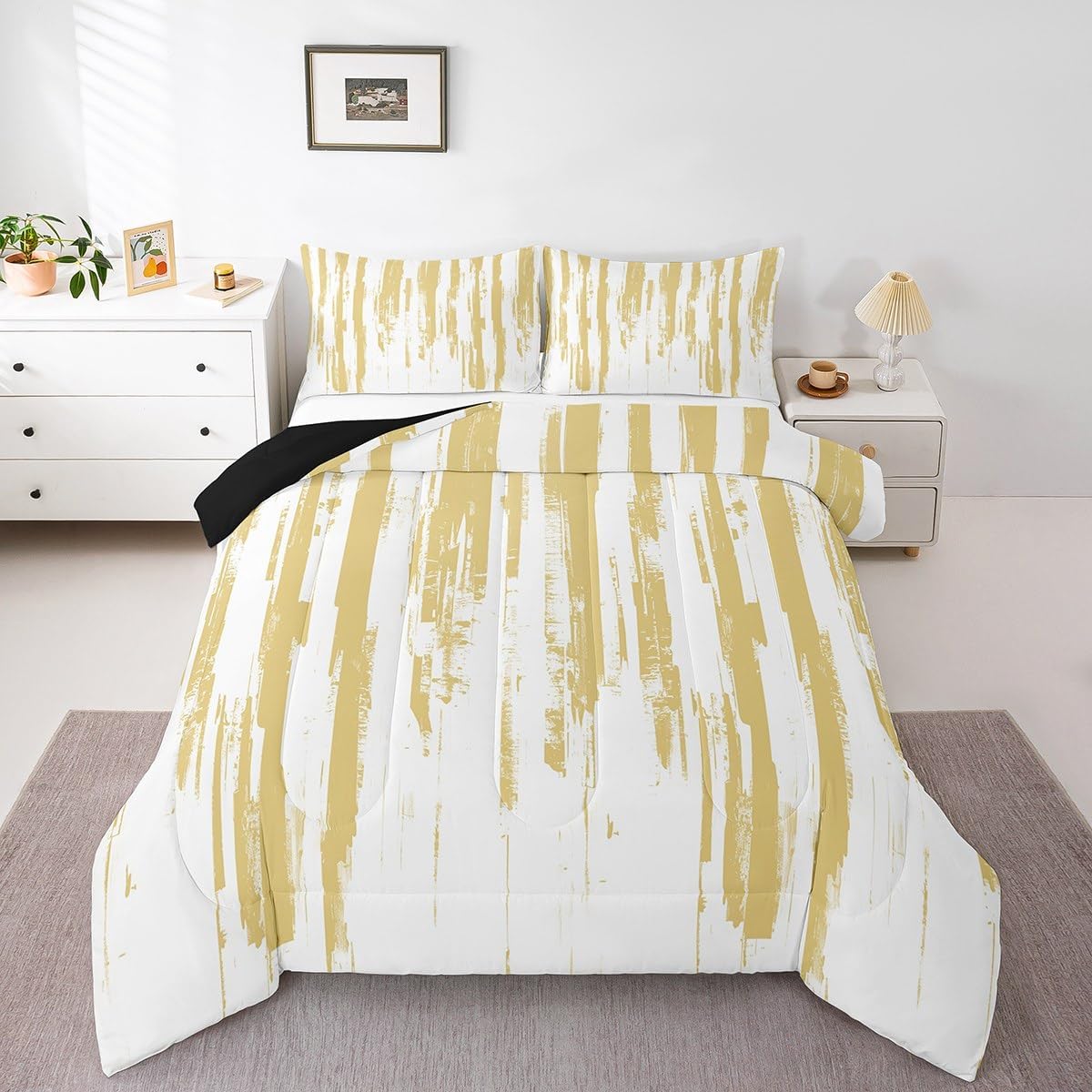 Erosebridal Yellow Striped Comforter Set Full Size for Women Men,Modern Geometric Abstract Quilt for Kids Teens Adults,Gradient Art Aesthetic Bedding,Contemporary Boho Graffiti Duvet Insert