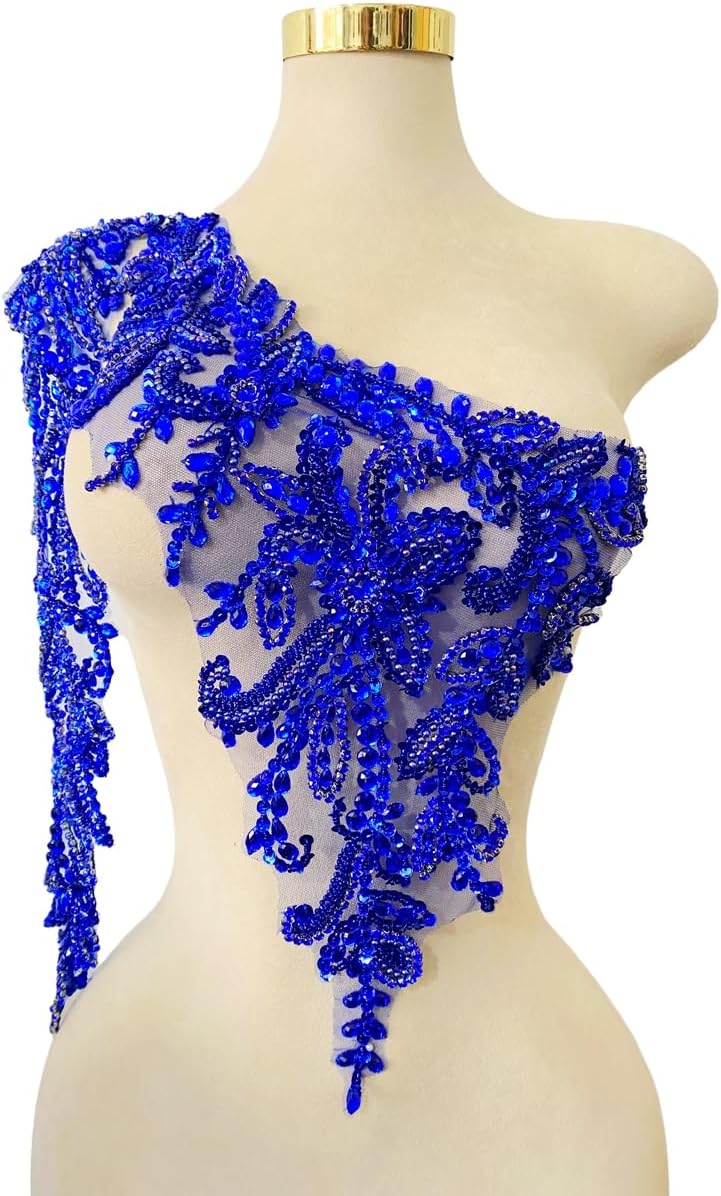 Single Right Sleeve Dress Accessories Luxury Decorative Appliqué Pure Hand Sewn Beads Rhinestones Trim Patches (Silver)