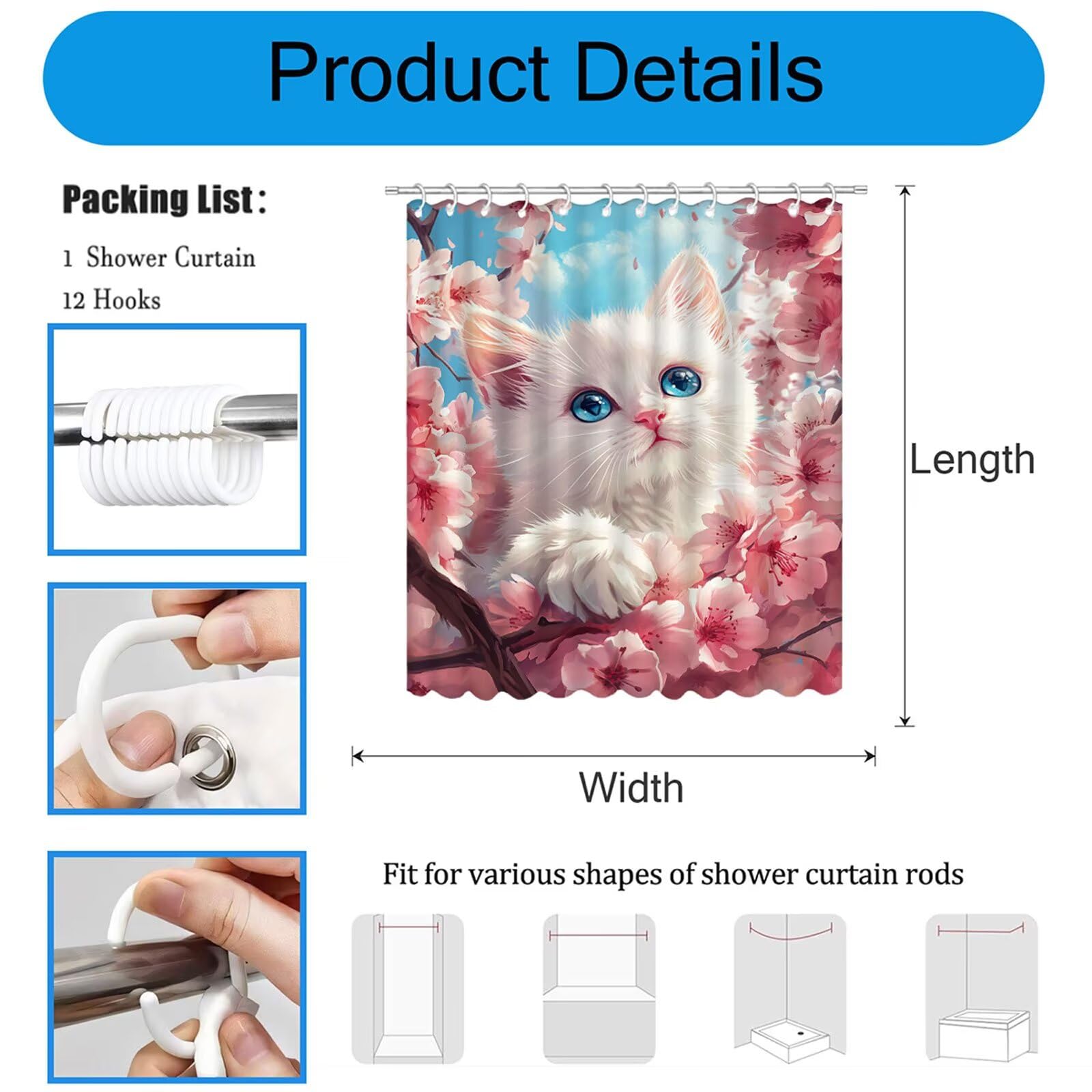 Rideau Douche Rose Rideau de Douche Anti Moisissure Imperméable Tissu Polyester Shower Curtain avec Ourlet Inférieur Lesté, 12 Crochets Lavable Shower Curtain pour Baignoire 220 x 200 cm Chat 3Y#221