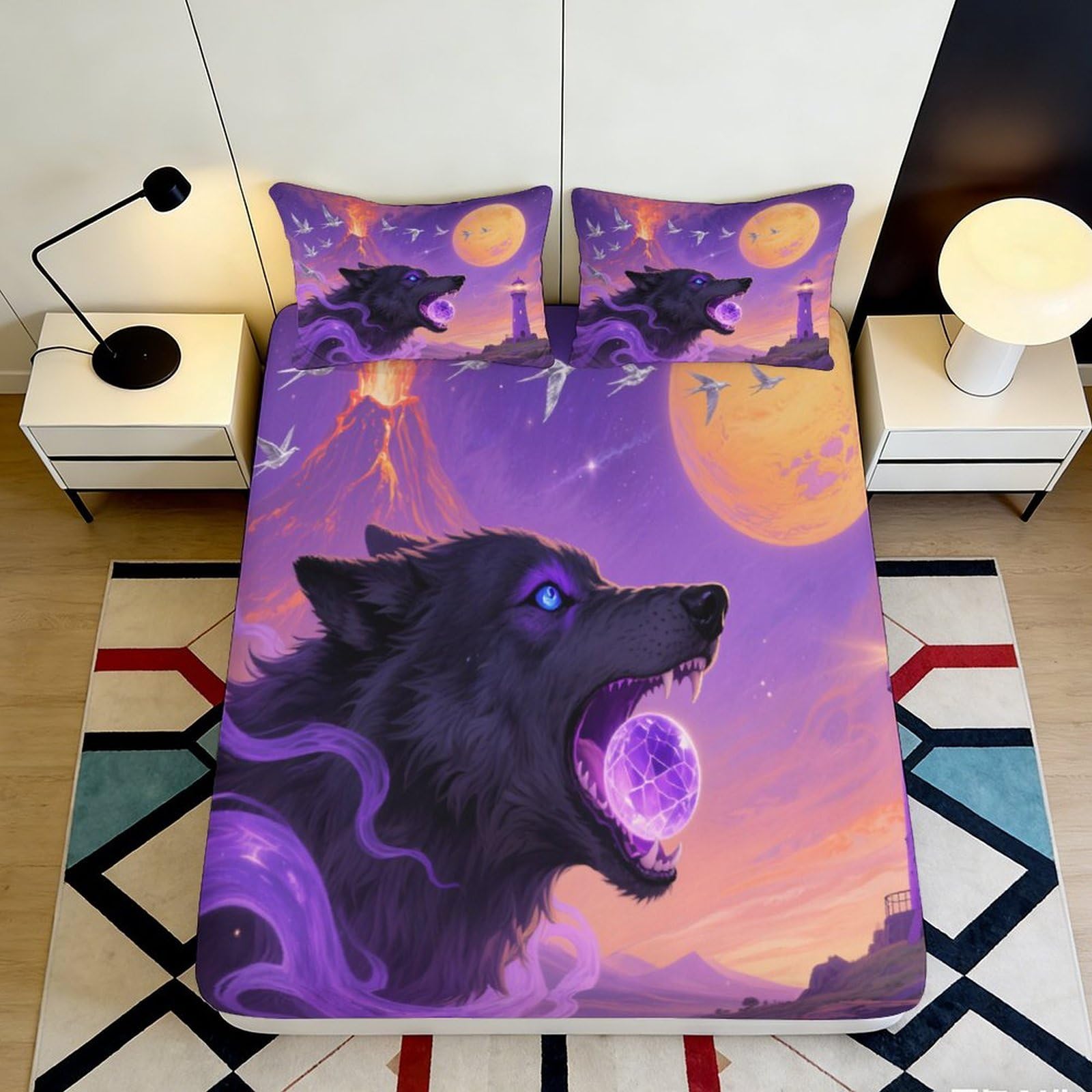 3D Printed Mystic Purple Wolf Fitted Sheet Microfiber Soft Breathable Lunar Landscape Bed Sheet for Bedroom Dormitory Guest Room Mattress Protection 180x200x25cm