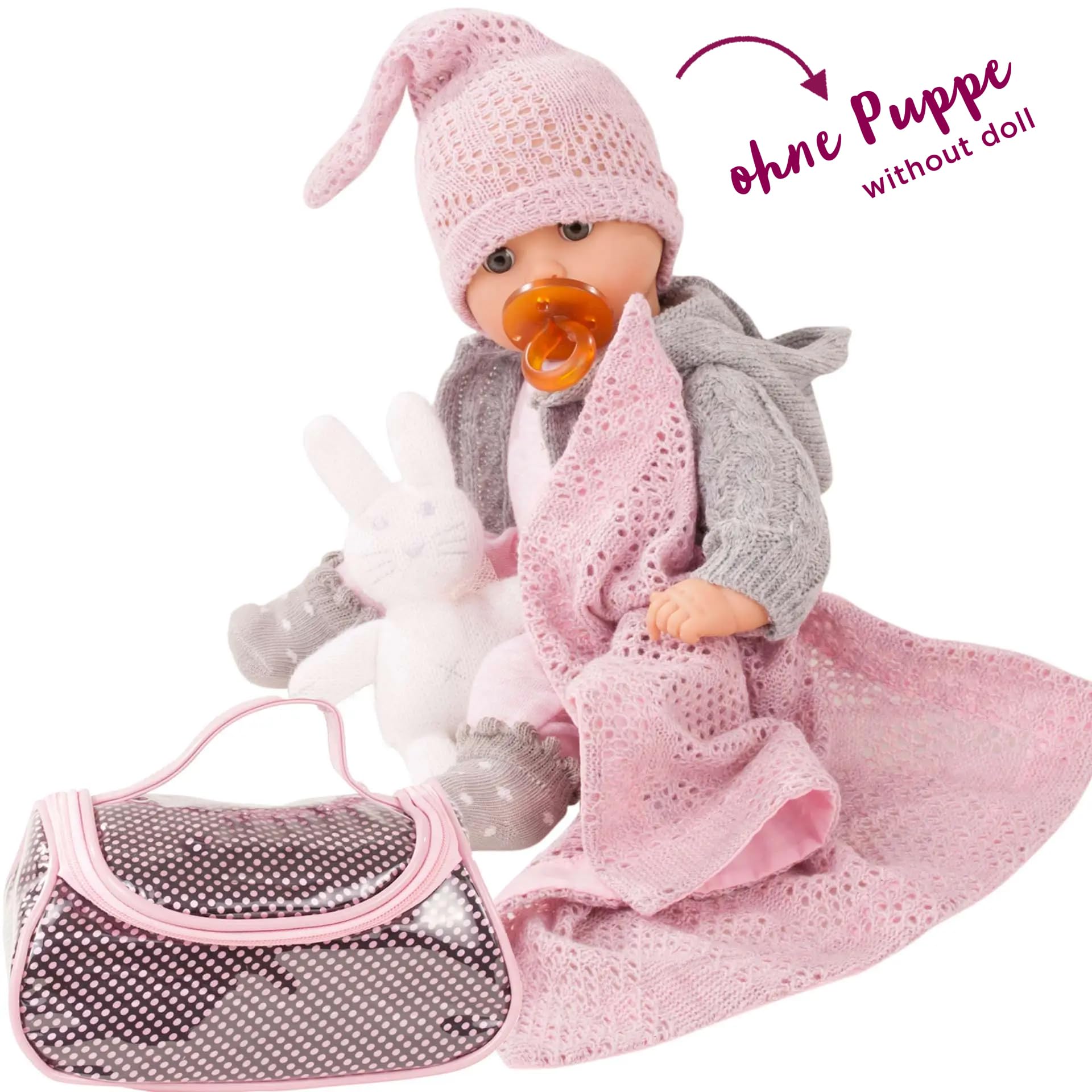 Götz 3402832 Großes Babyset Cosy Rabbit Babypuppen Gr. S 30-33 cm 10-TLG | Puppenkleidung für Puppen, mit Strampler, Mütze, Strickjacke, Tasche, Kuscheldecke, Hase, Windel und Schnuller, ab 3 Jahren