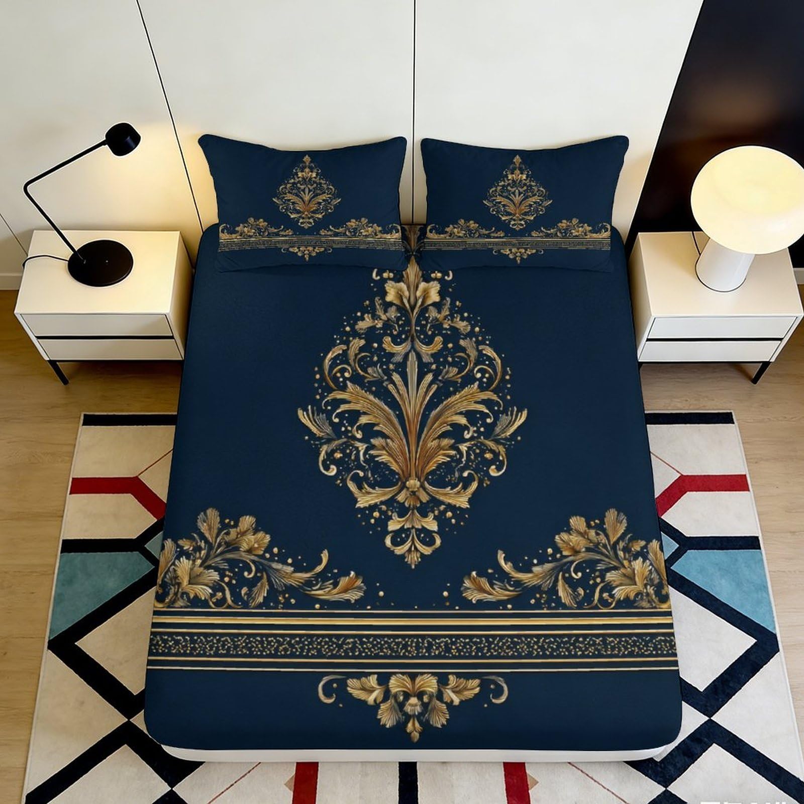 3D Printed Royal Baroque Fitted Sheet Microfiber Gold Blue Bedroom Decor Elegant Fleur Mattress Cover 90x200x25cm