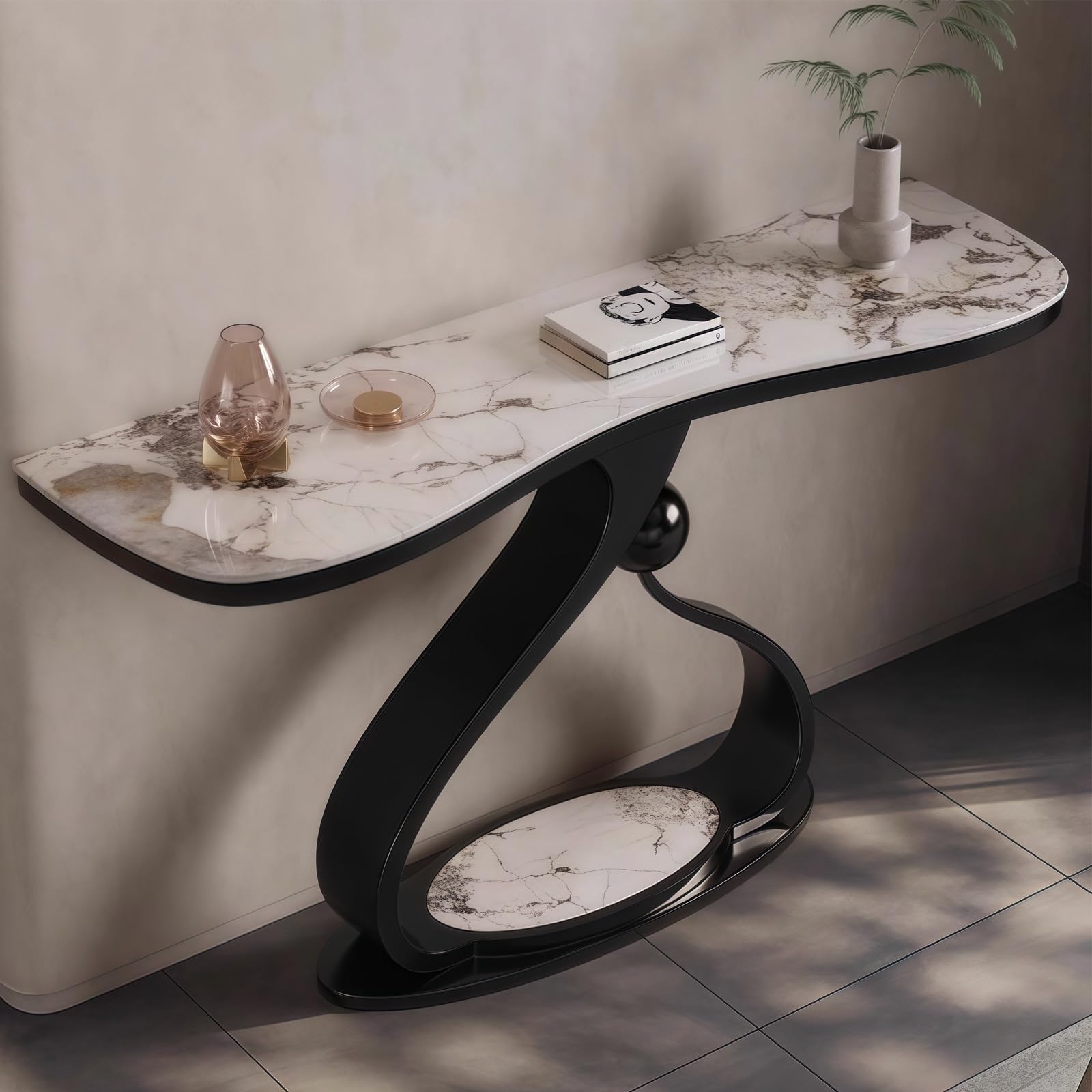 Mesa auxiliar consola semicircular de lujo contemporáneo, mesa estrecha para recibidor o entrada, encimeras de pizarra y base en forma de lágrima, para colocar contra la pared (Negro B, 80 cm/31,5 p