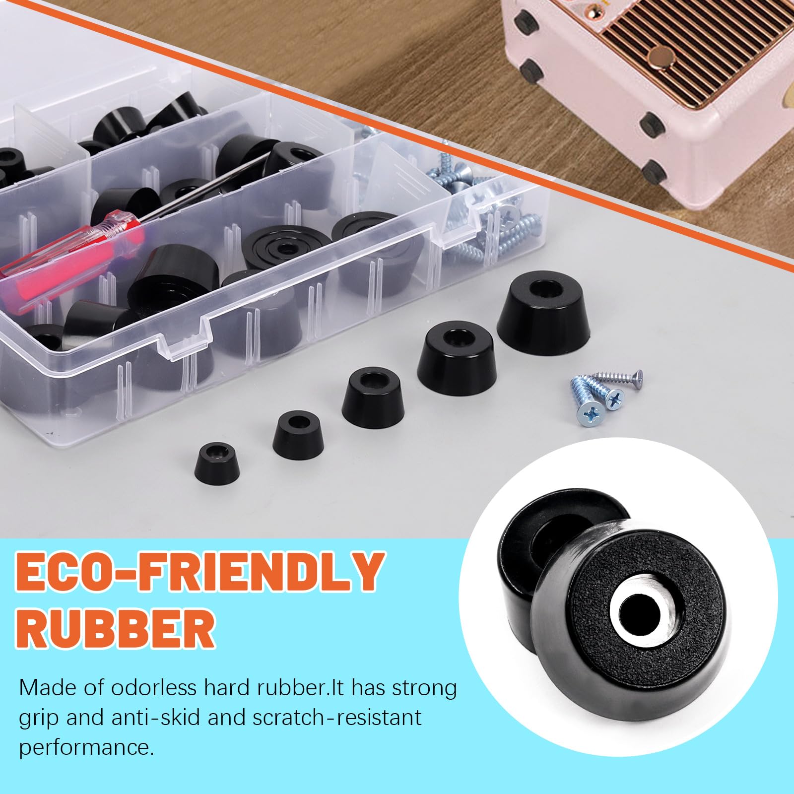 Tanstic 64Pcs Five Sizes Cutting Board Feet Non Slip Rubber Feet Black Rubber Feet Small Rubber Feet with Screws and Screwdriver for Appliances Furniture - Image 3