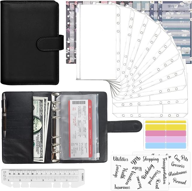 Mlife Ring Binder Set - 28pcs Leather Notebook Budget Binder with Clear Cash Envelopes,Budget Sheets and Label Stickers,Cash Organizer Money Saving Binder for Travel and Diary Black