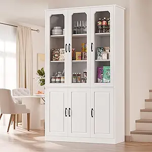 78.7-Inch Tall Kitchen Pantry with Glass Doors, Freestanding China Cabinet, Adjustable Shelves, White