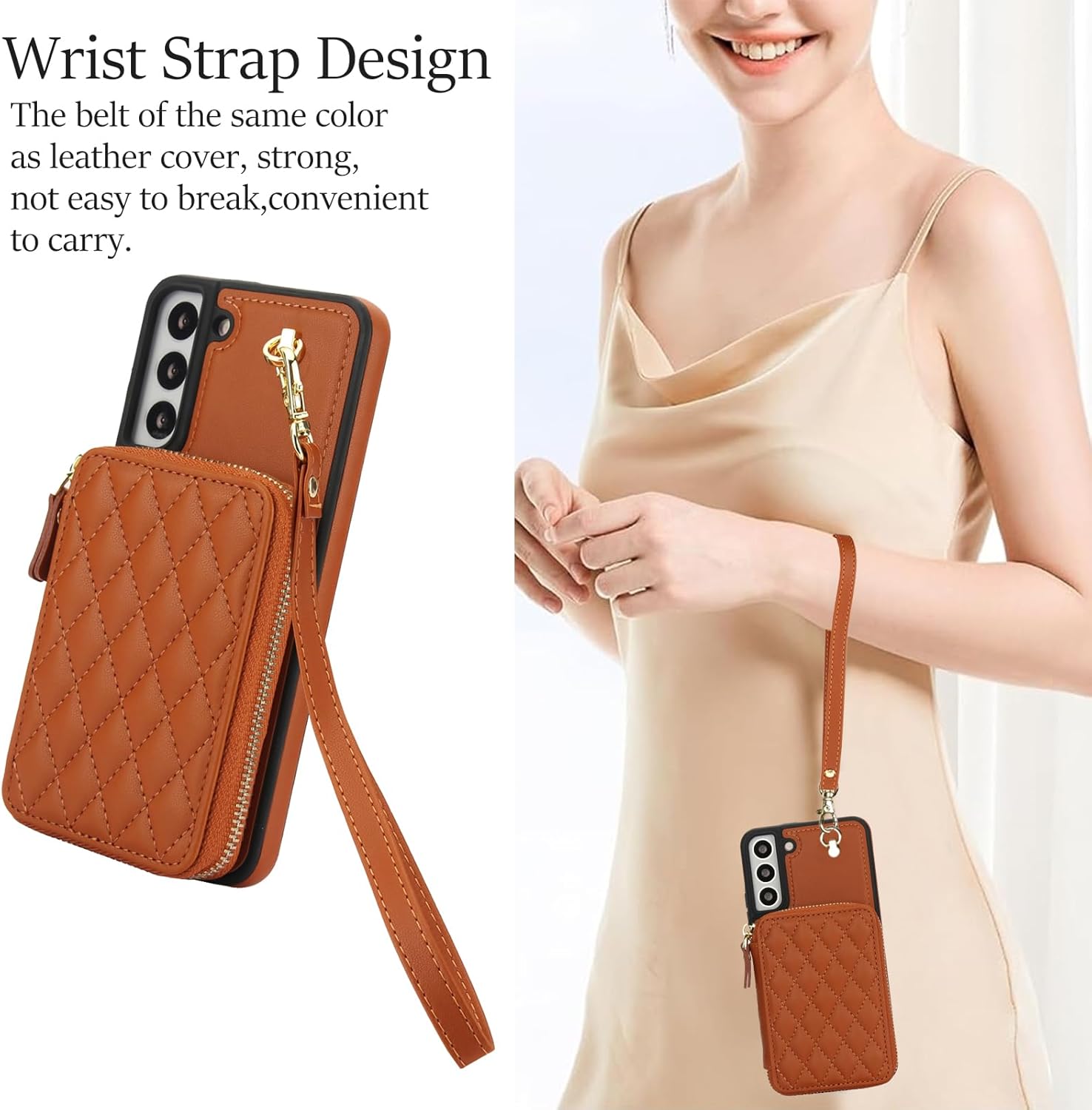 Phone Case for Samsung Galaxy S22 5G Wallet Cell Cover with Tempered Glass Screen Protector Wrist Crossbody Strap Stand RFID Blocking Credit Card Holder Slot S 22 22S 4G G5 6.1 inch Women Girls Brown