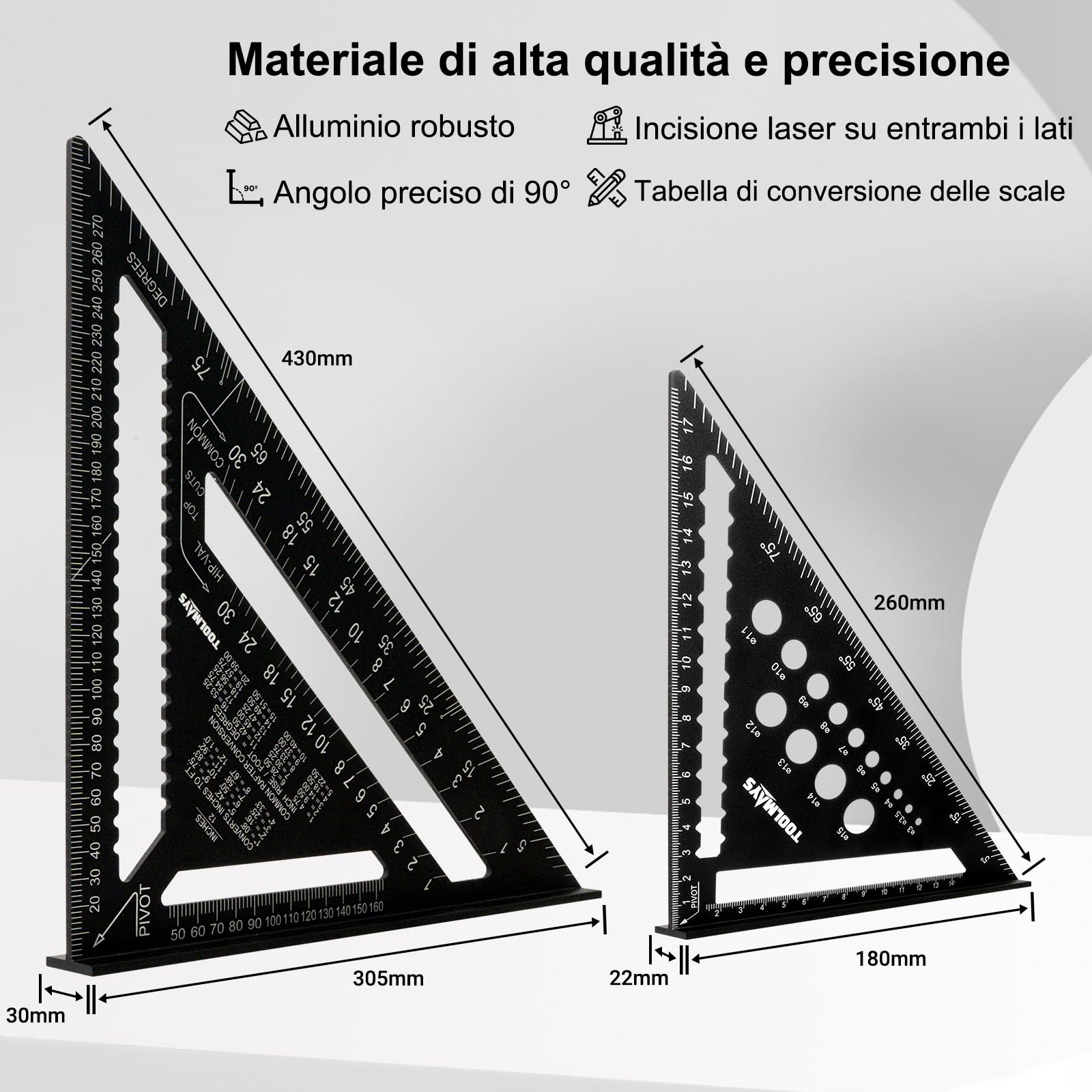 Squadra da falegname Set 180mm & 300mm, goniometro di precisione con zona per appunti cancellabile, squadre in alluminio da 45 e 90 gradi per disegnare, misurare e controllare con precisione
