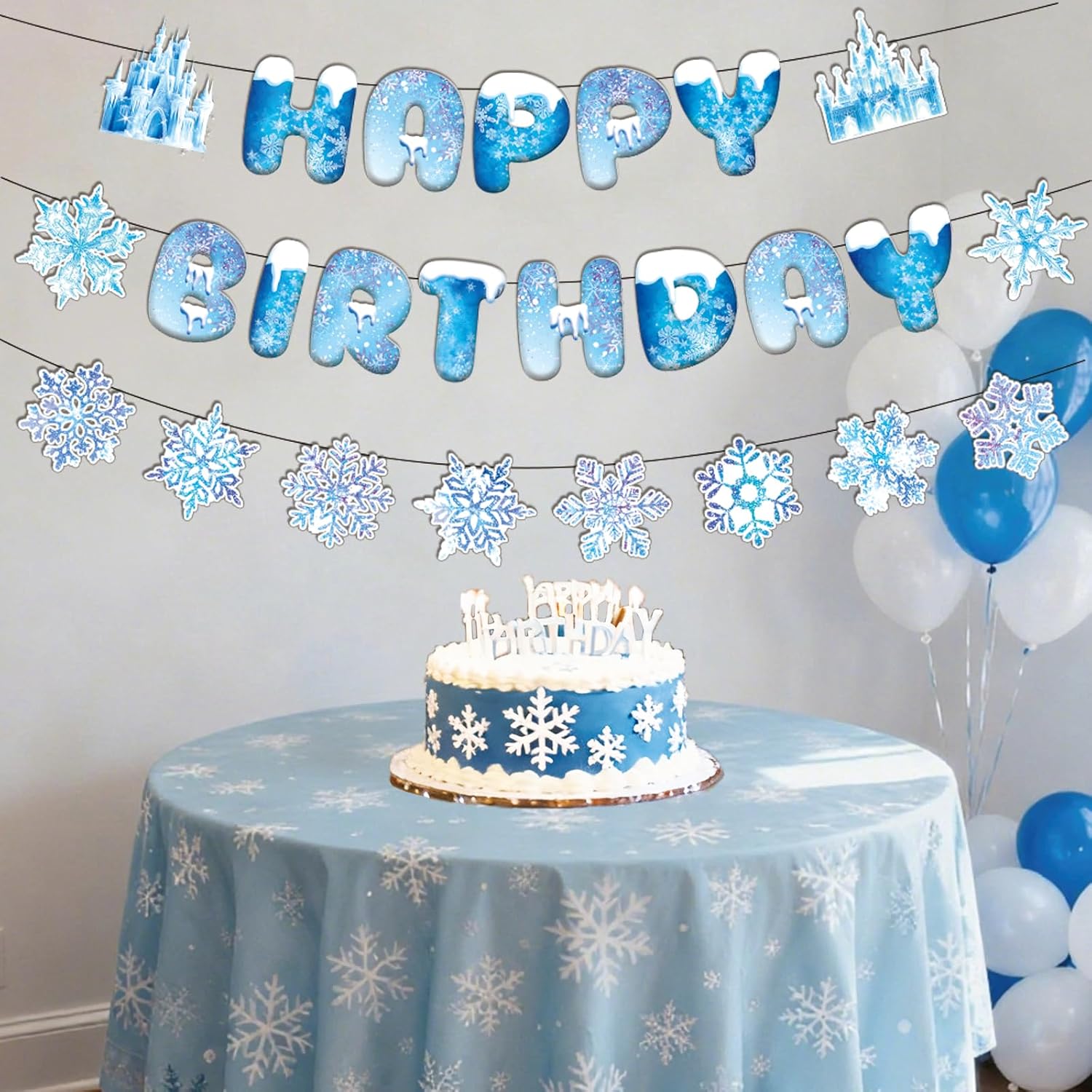 Snowflake Happy Birthday Banner - Blue Frozen Birthday Garland Bunting Hanging Decoration for Winter Wonderland Christmas Party Supplies - Image 4