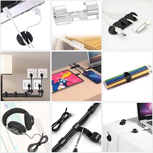 Miniatura 5 de Kit organizador de cables con 4 fundas para cables divididas con 41 clips autoadhesivos, 10 unidades y 2 rollos de ataduras autoadhesivas y 100