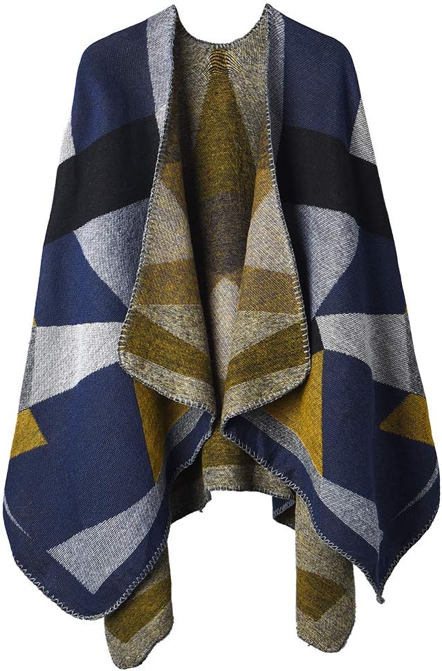 Winter Shawl Wraps Poncho Cape - Women’s Warm Open Front Printed Reversible Oversized Blanket Cardigan Fashionable Elegant Knitted Fall Wool Spinning Plaid Sweater Fleece Scarf Coat