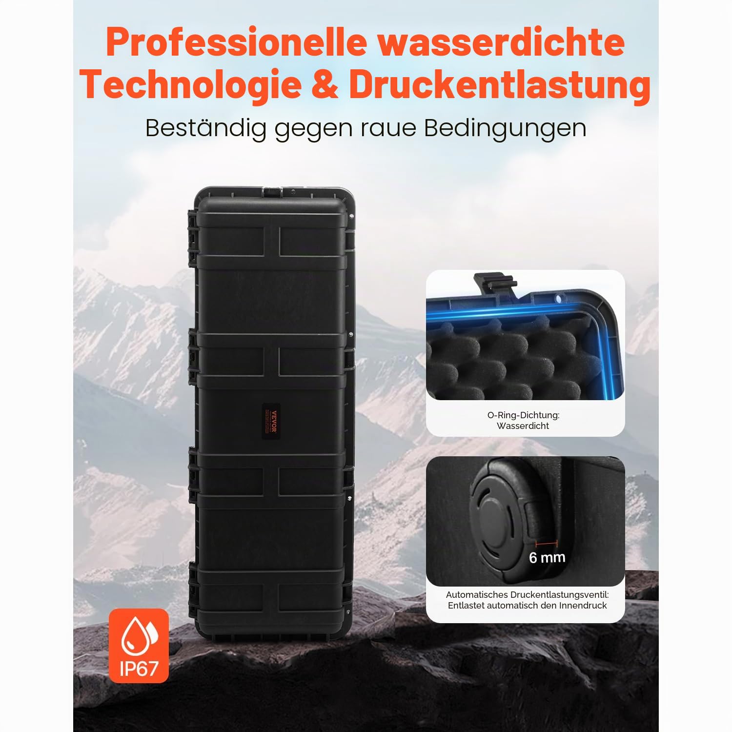 VEVOR 5,5 Kubikfuß wetterfester Hartschalenkoffer, wasserdichter Hartschalenkoffer mit großer Kapazität und 3 Griffen, IP67 wasserdichte Schutzhülle mit 6 Clips, 6 Vorhängeschlosslöchern