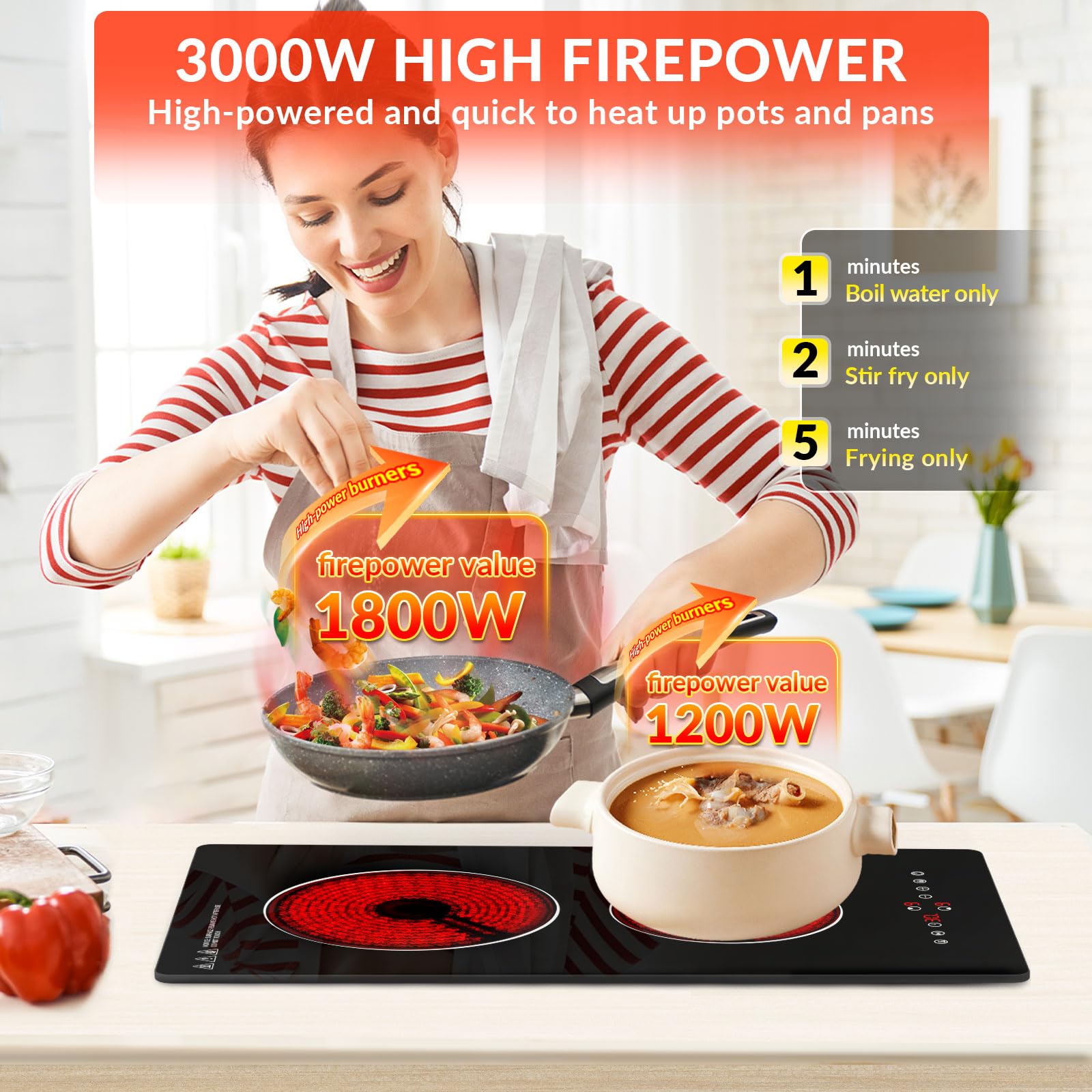Ceramic Hob,29cm Built-in 2 Zones Electric Hob,3000W,Built in Black Glass Cooker with Touch Control, Child Safety Lock, Timer — view 2