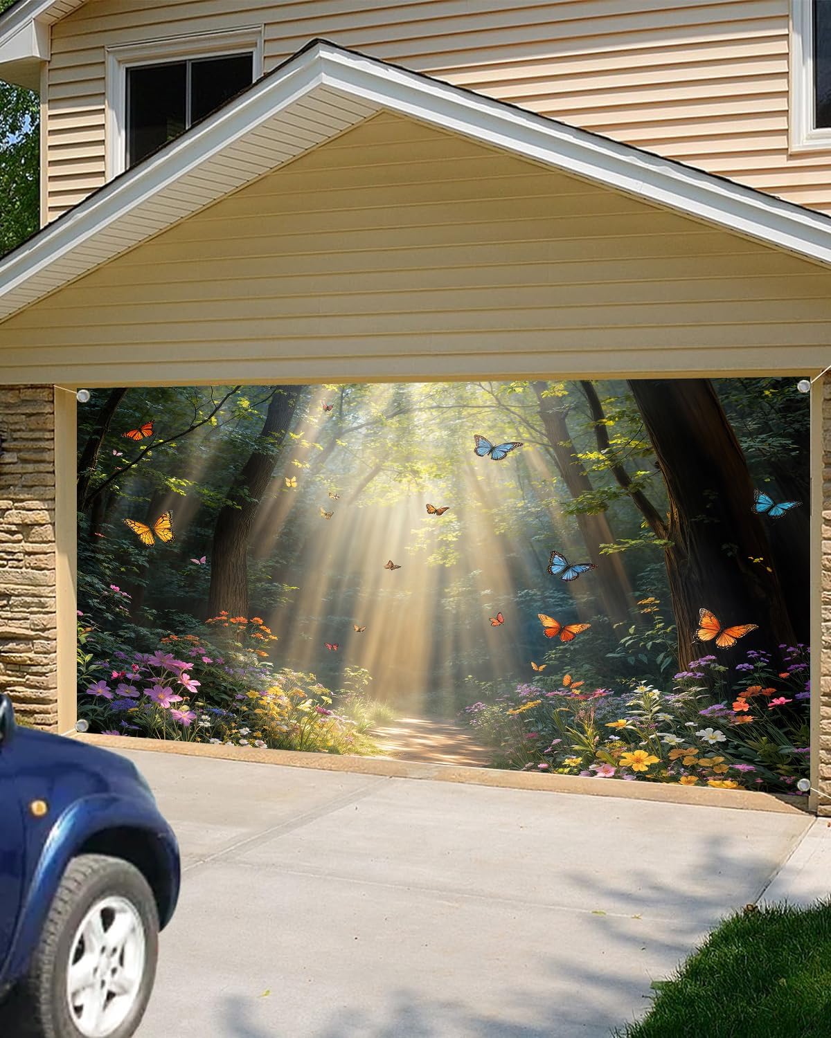 Forest Sunlight Butterfly Garage Door Cover Banner Backdrop Decorations, Tree Woodland Flowers Decorative Garage Door Cover, Tropical Forest Nature Scenic Wallpaper Large Garage Door Banner Backdrop