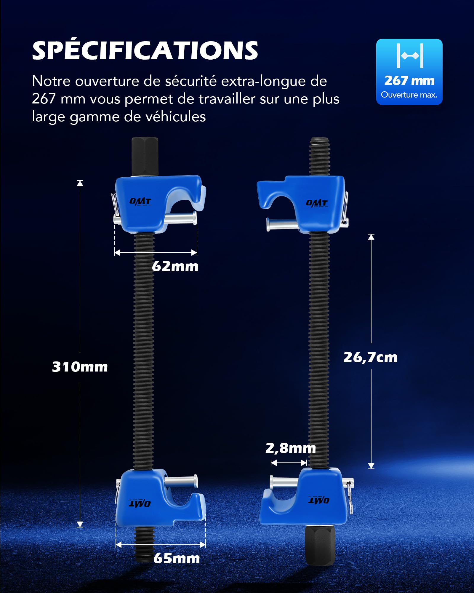 Orion Motor Tech Compresseur de Ressort d'Amortisseur, Kit de 2 Compresse-Ressorts Professionnel pour Jambe de Force Macpherson, Capacité 265mm, Carré 1/2" et Hex 13/16" avec Goupilles de Sécurité