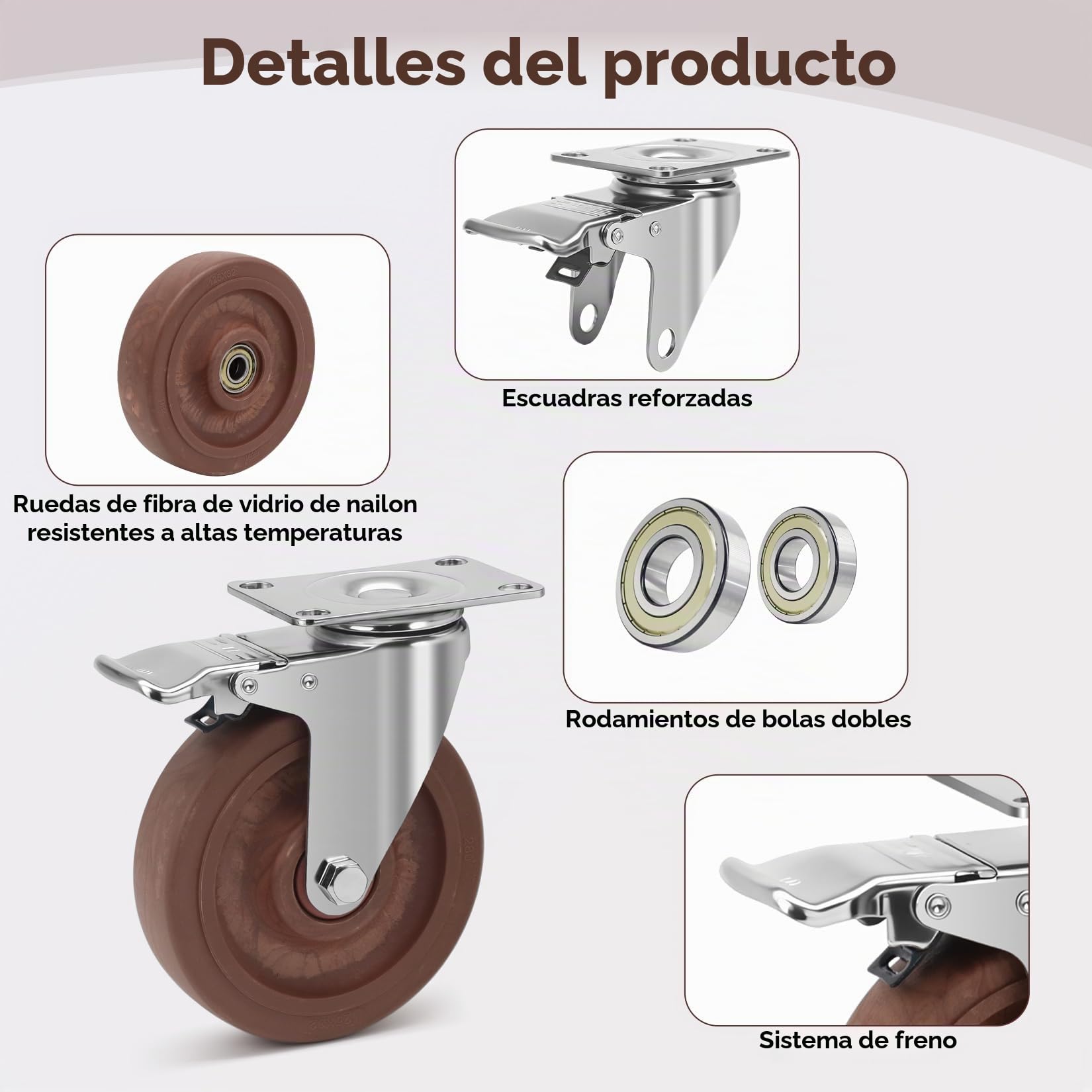 125mm Ruedas Resistentes al Calor, Carga de 1000KG, Rueda Giratorias Industriales con Freno, Resistentes -20°C a +250°C, Pesadas Ruedas de Nylon para Carros, Taller Fundición,Juego de 4