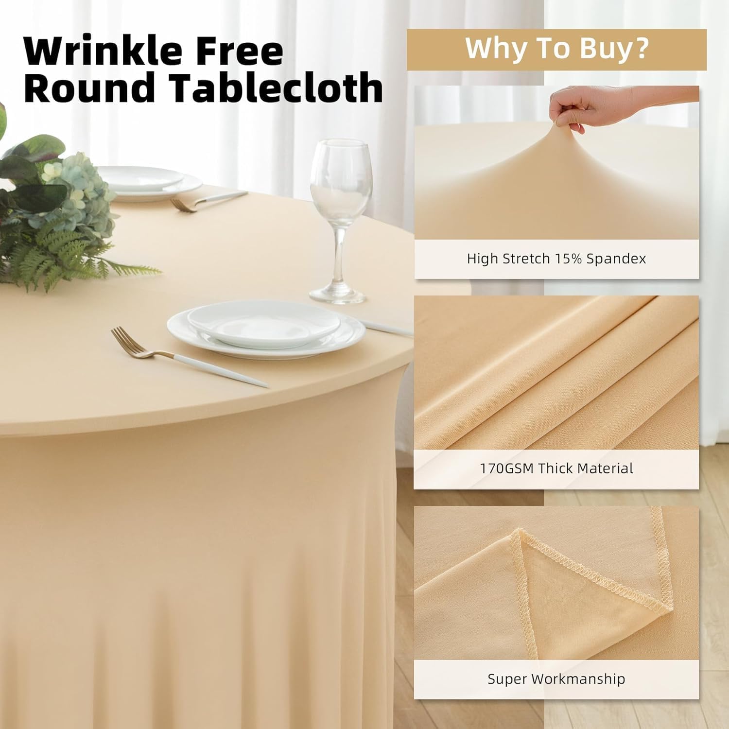 2 Pack Champagne Round Spandex Tablecloth 60 Inch, Wrinkle Free Stretch 120 Inch Round Fitted 5ft Tables, Ruffle Skirt Table Covers for Wedding Party Banquet