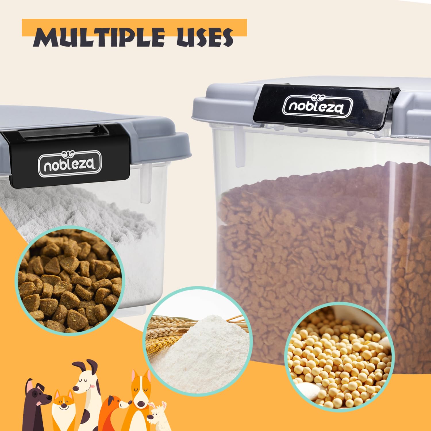 Nobleza Contenedor de Comida para Mascotas 10L+40L， Caja Hermética Transparente con Ruedas， Tapa Abatible y Pala para Alimento de Perros y Gatos， Gris