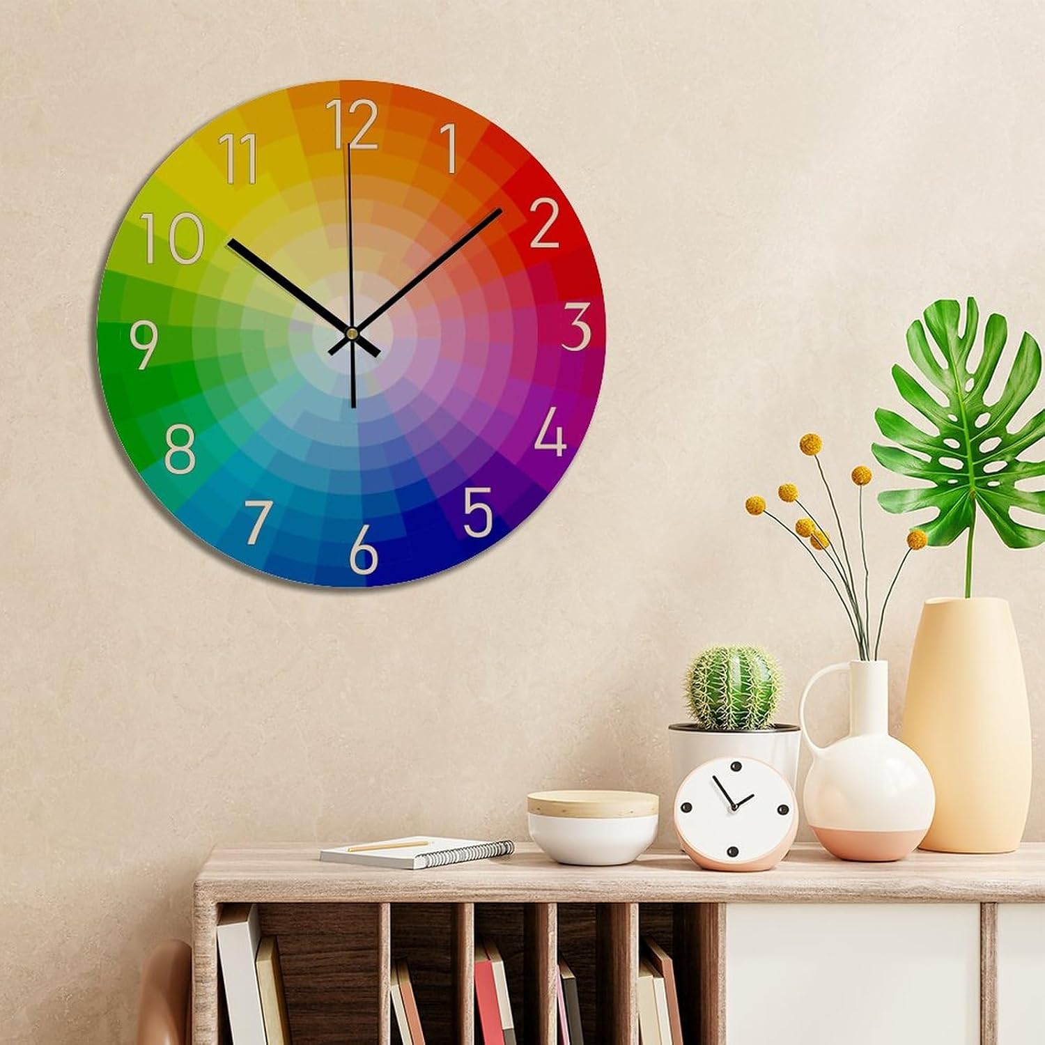 Rainbow Wall Clock 15x15 Inches Farmhouse Kitchen Decor Gifts Farmhouse PVC Clock Battery Operated Silent Shabby Chic Wall Hanging PVC Clocks for Kitchen Kids Room Laundry Room