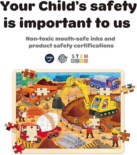 Miniatura 10 de Rompecabezas de 48 piezas para niños de 4 a 8 años, cada pieza es única, rompecabezas de madera para sitios de construcción para niños y niñas de 3,