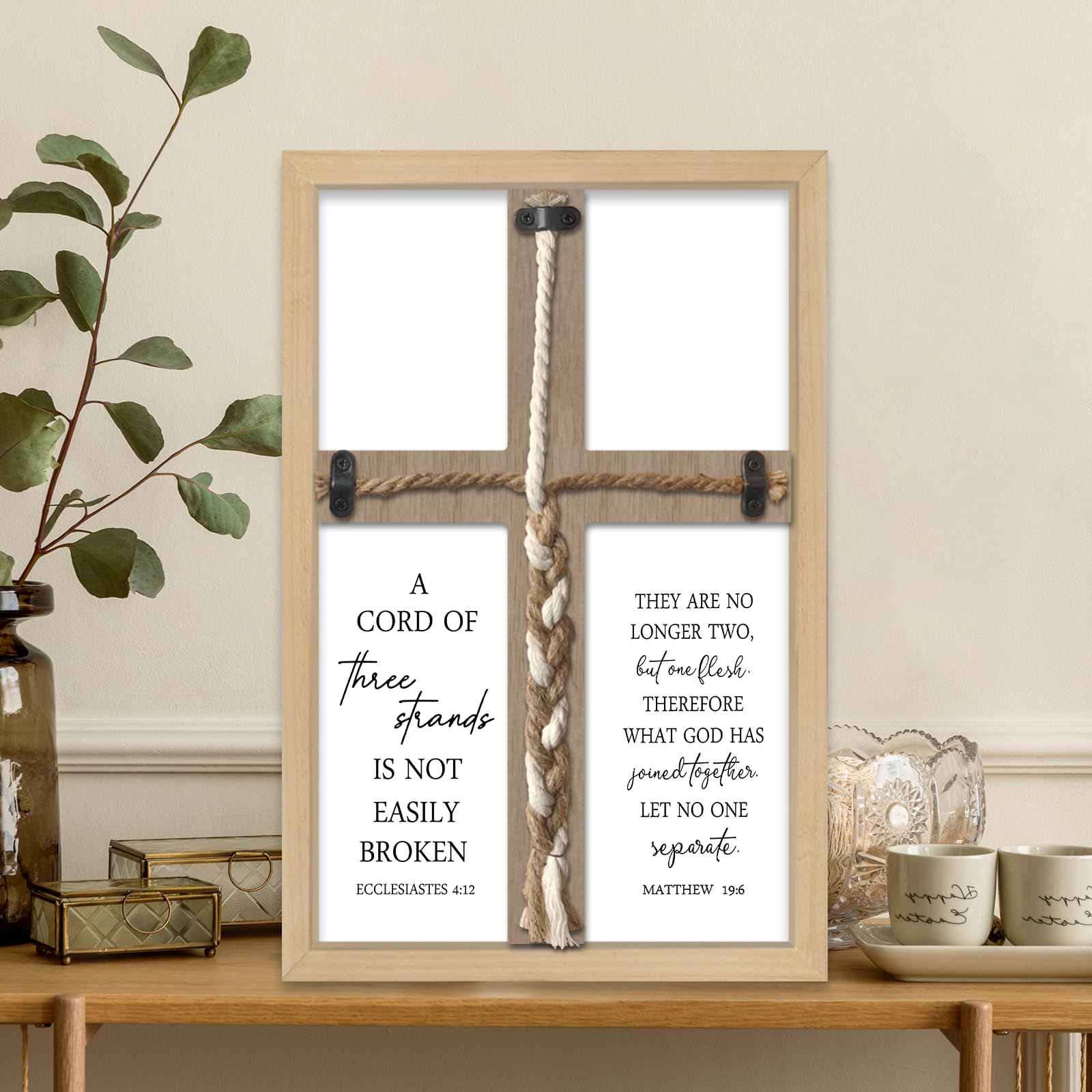 TQianJiang Un cordon de 38,1 x 25,4 cm en bois pour cérémonie de mariage | Panneau rustique avec cadre en bois, ecclésiaste 4:12 et Matthew 19:6, couple de ferme moderne en croix tressée prière