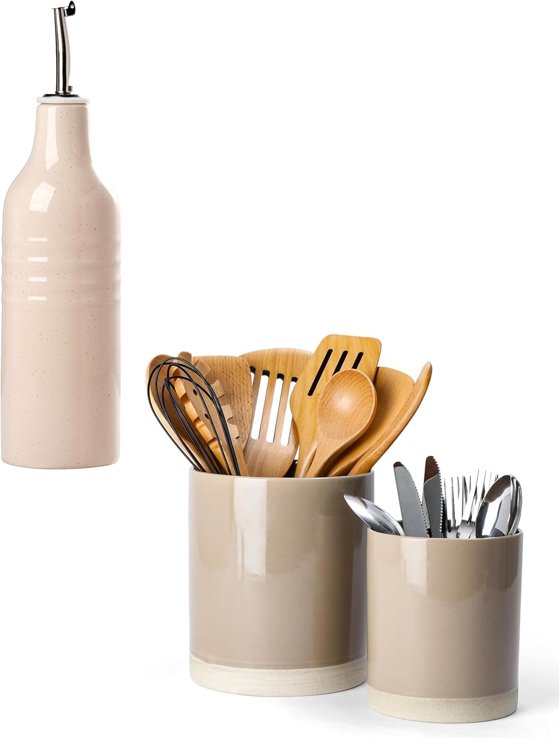 famiware Kitchen Utensil Holder for Countertop and 16oz Ceramic Olive Oil Dispenser Bottle