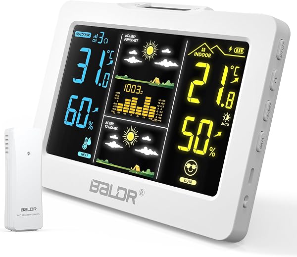 BALDR Wireless Wetterstationmit Außensensor – Kabelloses Innen Außen Thermometer mit Farbdisplay, Wettervorhersage 1h & 12h, Akku-Betrieb, Hygrometer (weiß) - 1