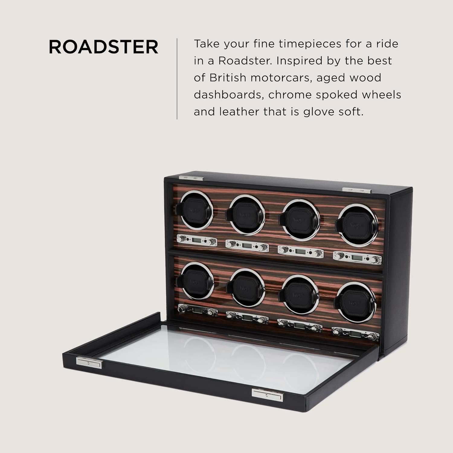 Wolf Roadster Watch Winder with Glass Cover, Black - Secure Fit with Patented Lock-in Dynamic Cuff - Accommodates All Wrist Sizes - Vegan Leather - Includes Universal Adapter