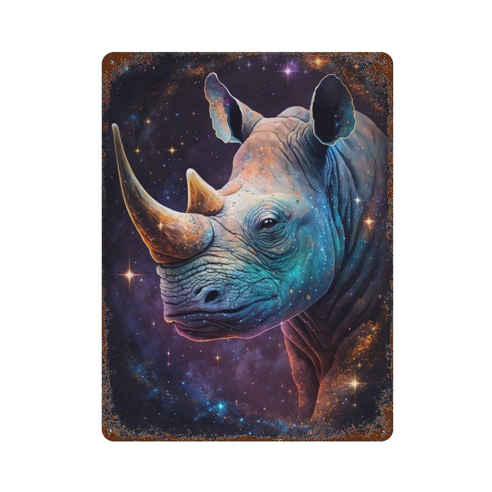 Cosmic Rhino Portrait Rusty Metal Tin Sign 15.7"x11.8", Rustic Home Decor for Garage, Pub Or Kitchen